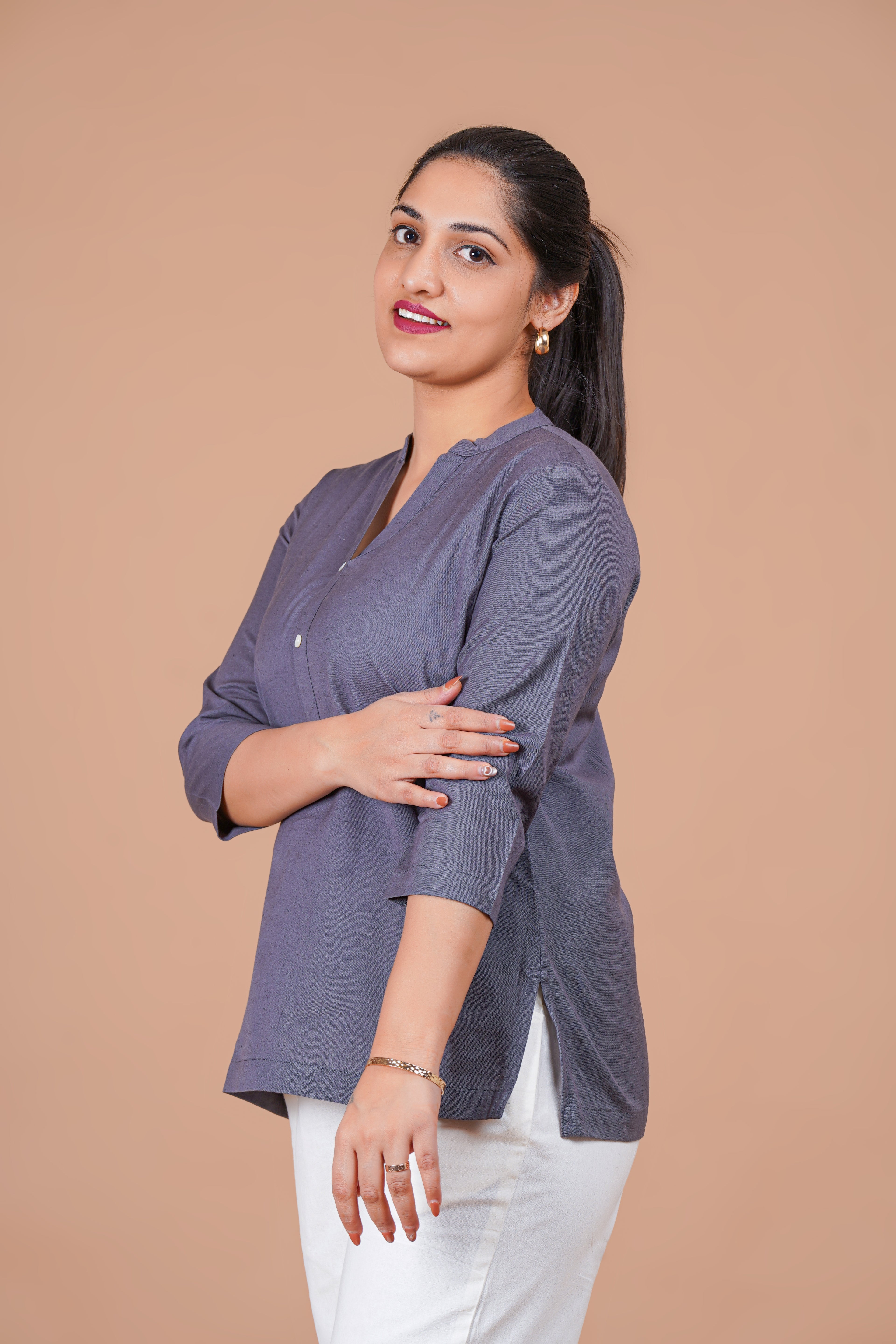 Cement Grey EasyFlow Linen Cotton Short Kurti