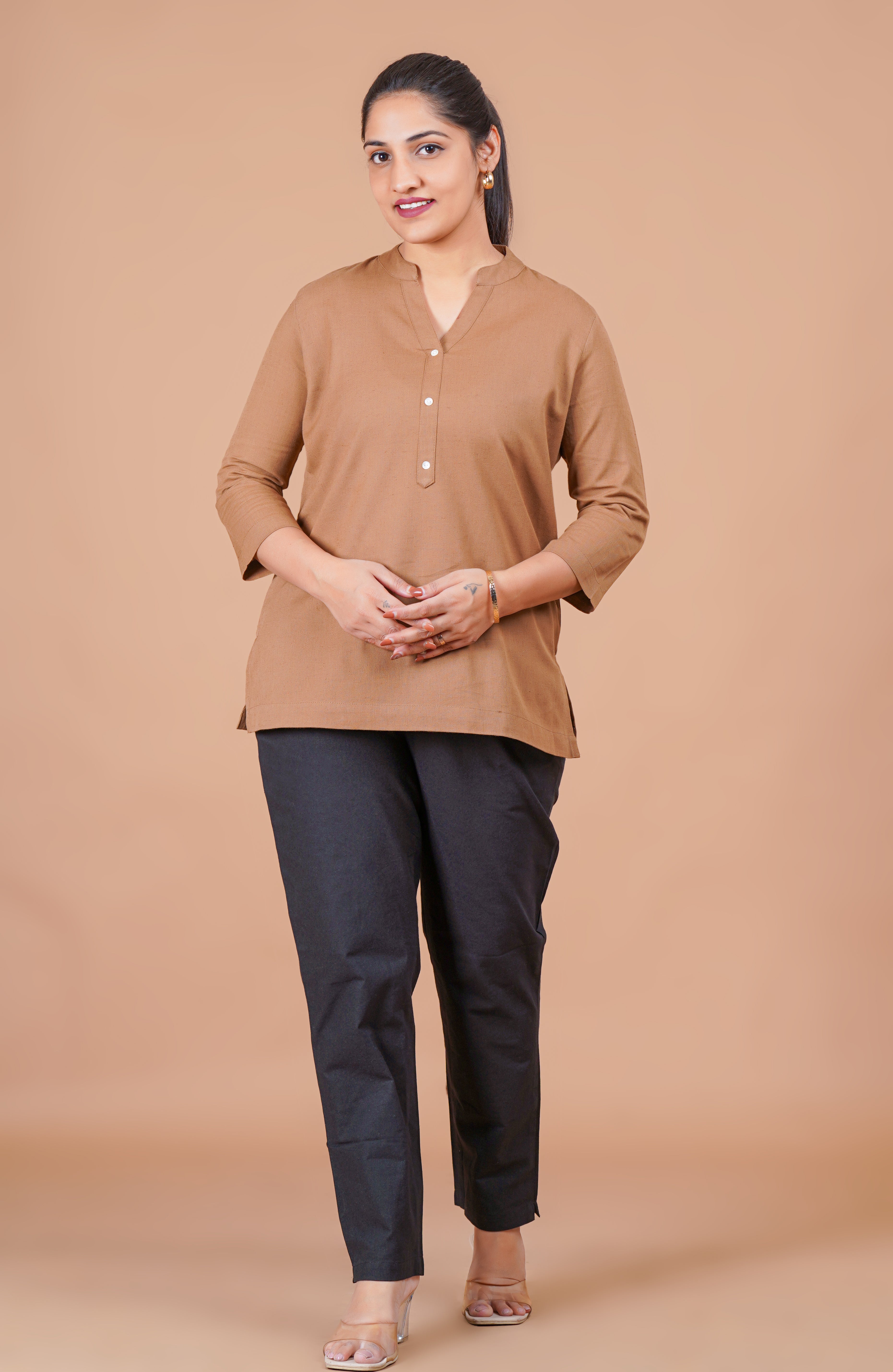 Coffee Brown EasyFlow Linen Cotton Short Kurti