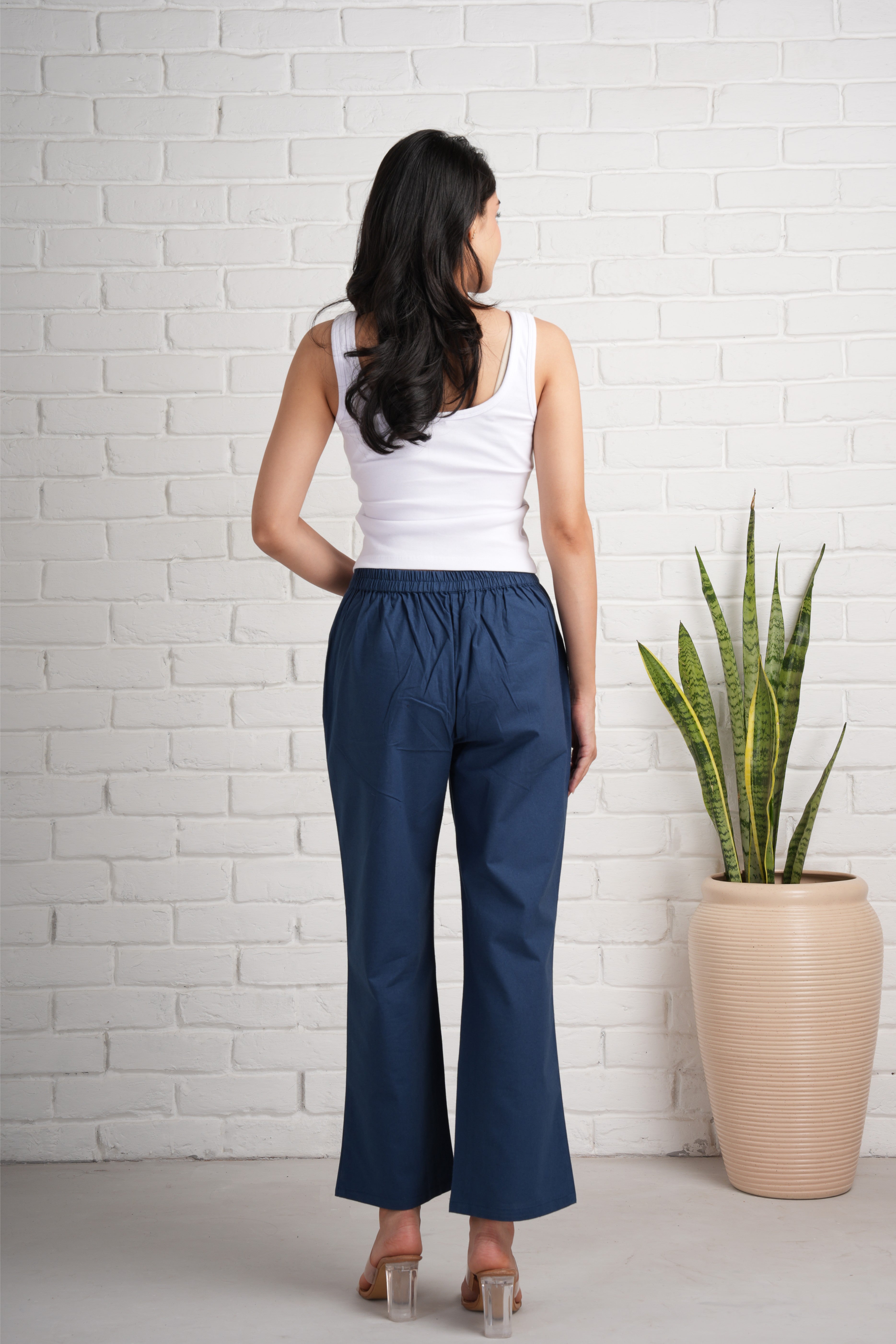 Navy Blue Wide Leg Cotton Pants