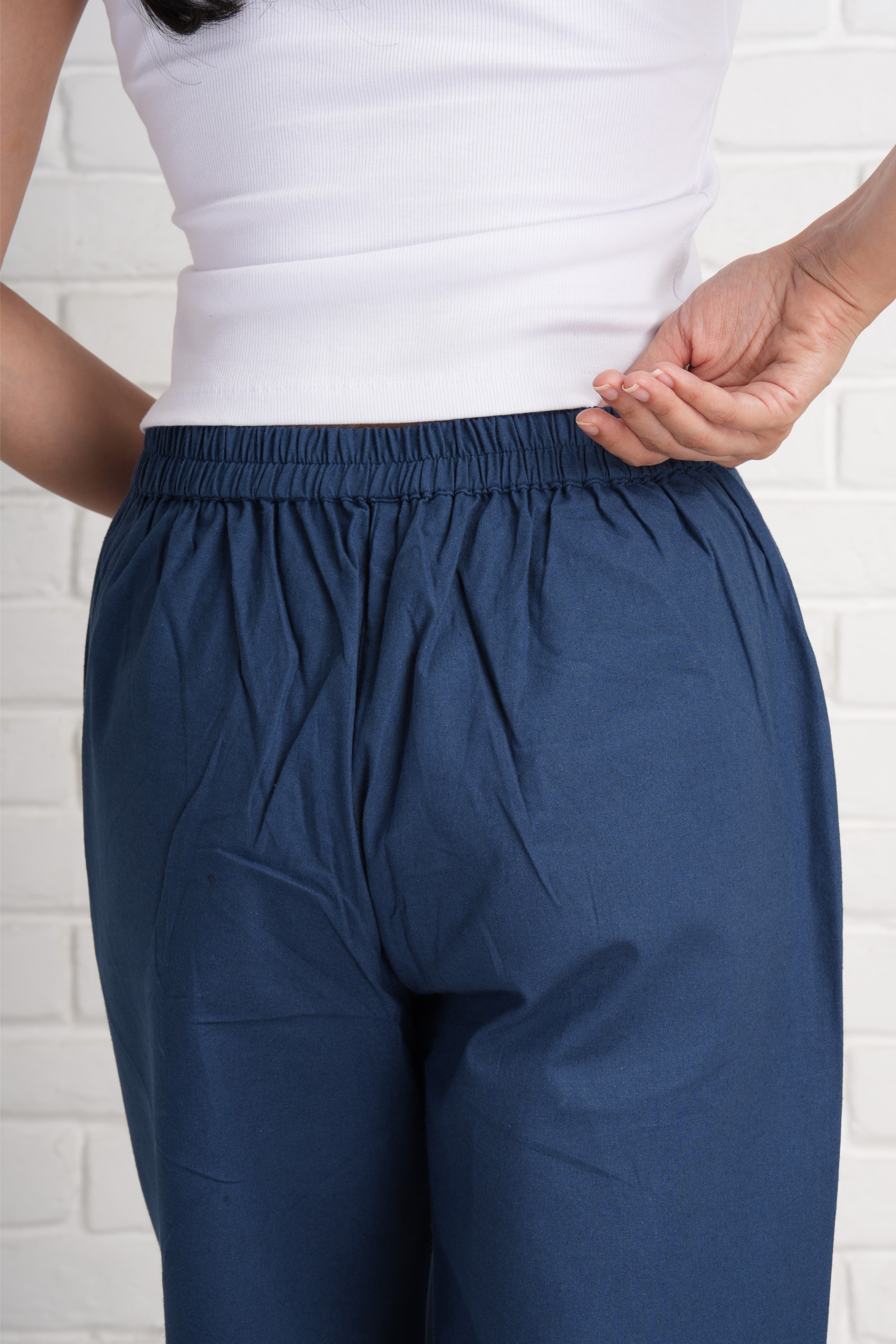 Navy Blue Wide Leg Cotton Pants