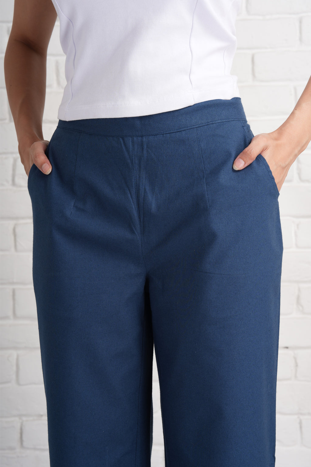 Navy Blue Wide Leg Cotton Pants