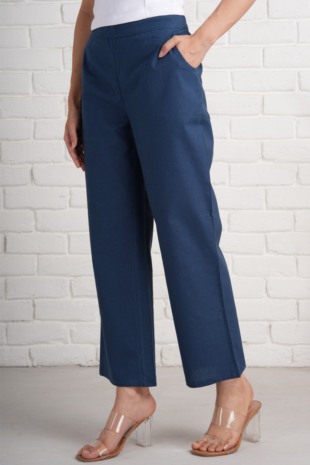 Navy Blue Wide Leg Cotton Pants