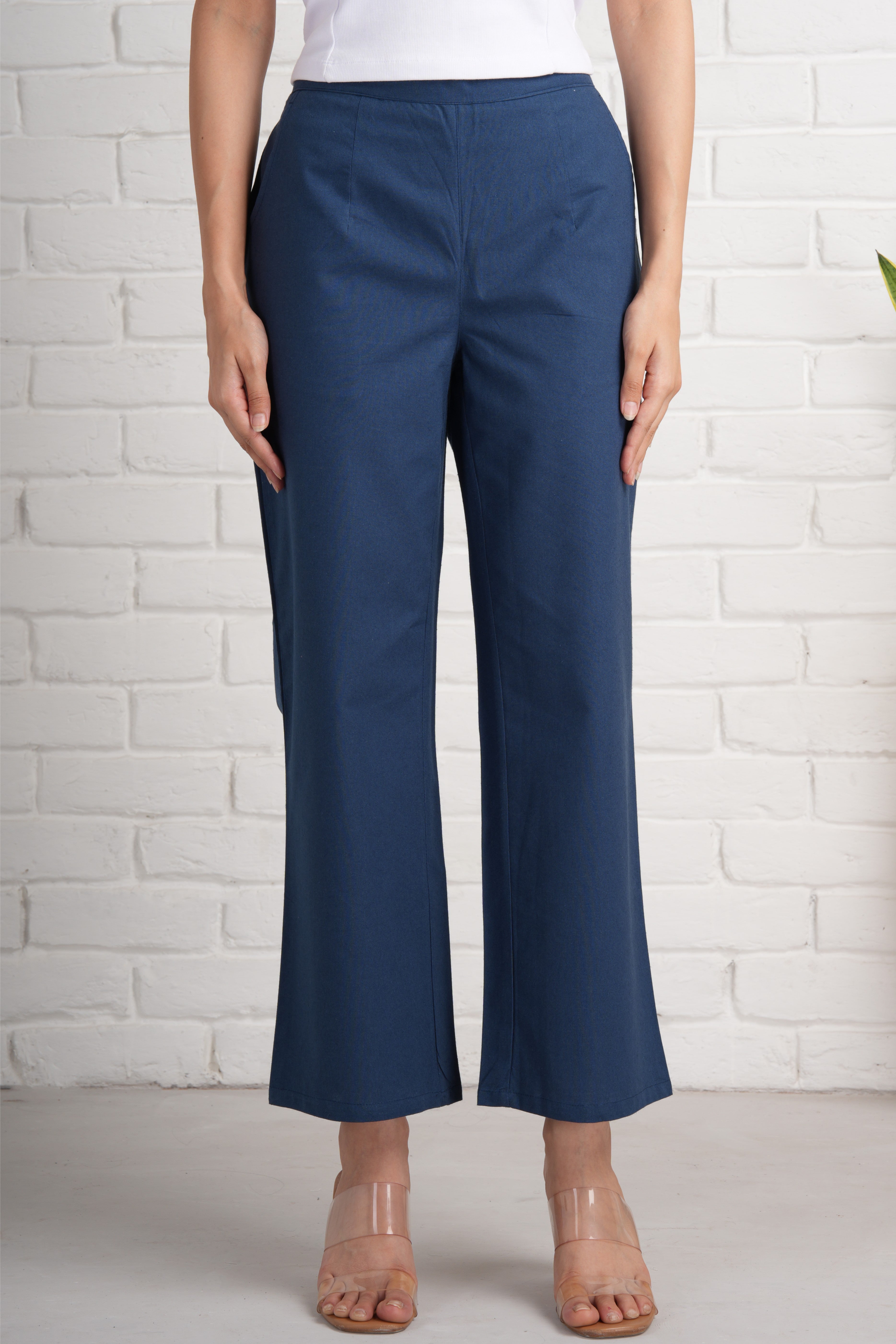 Navy Blue Wide Leg Cotton Pants
