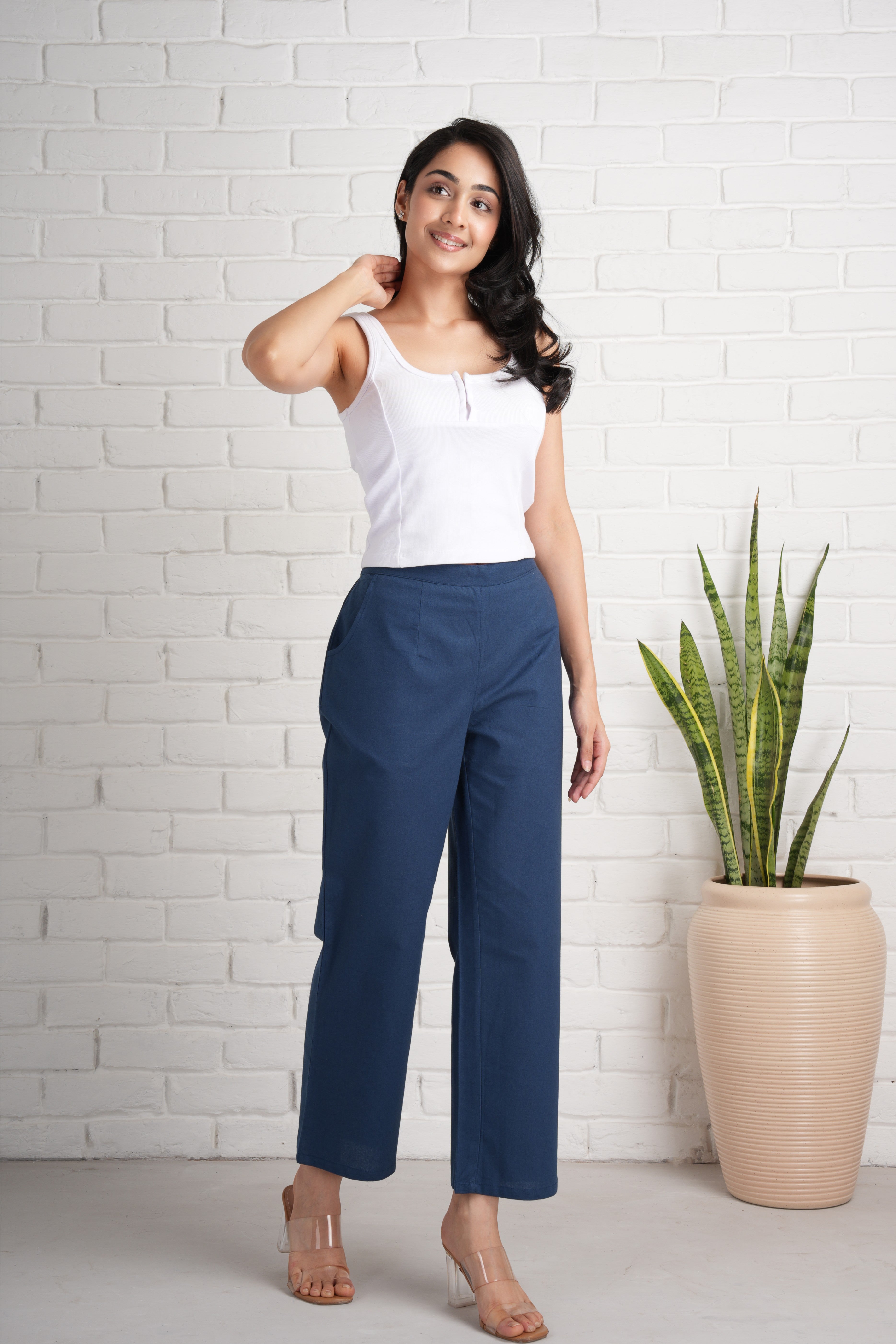 Navy Blue Wide Leg Cotton Pants