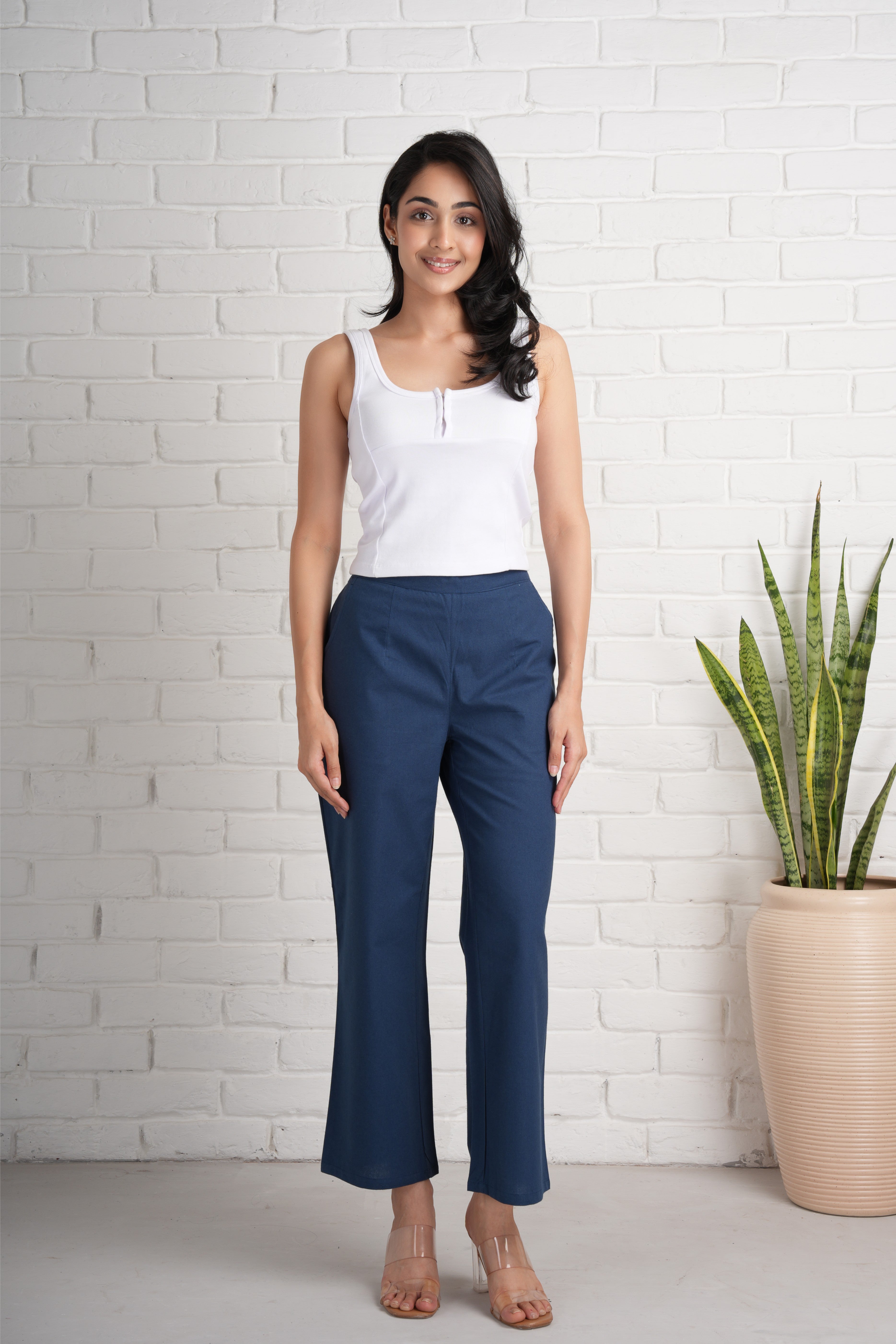 Navy Blue Wide Leg Cotton Pants