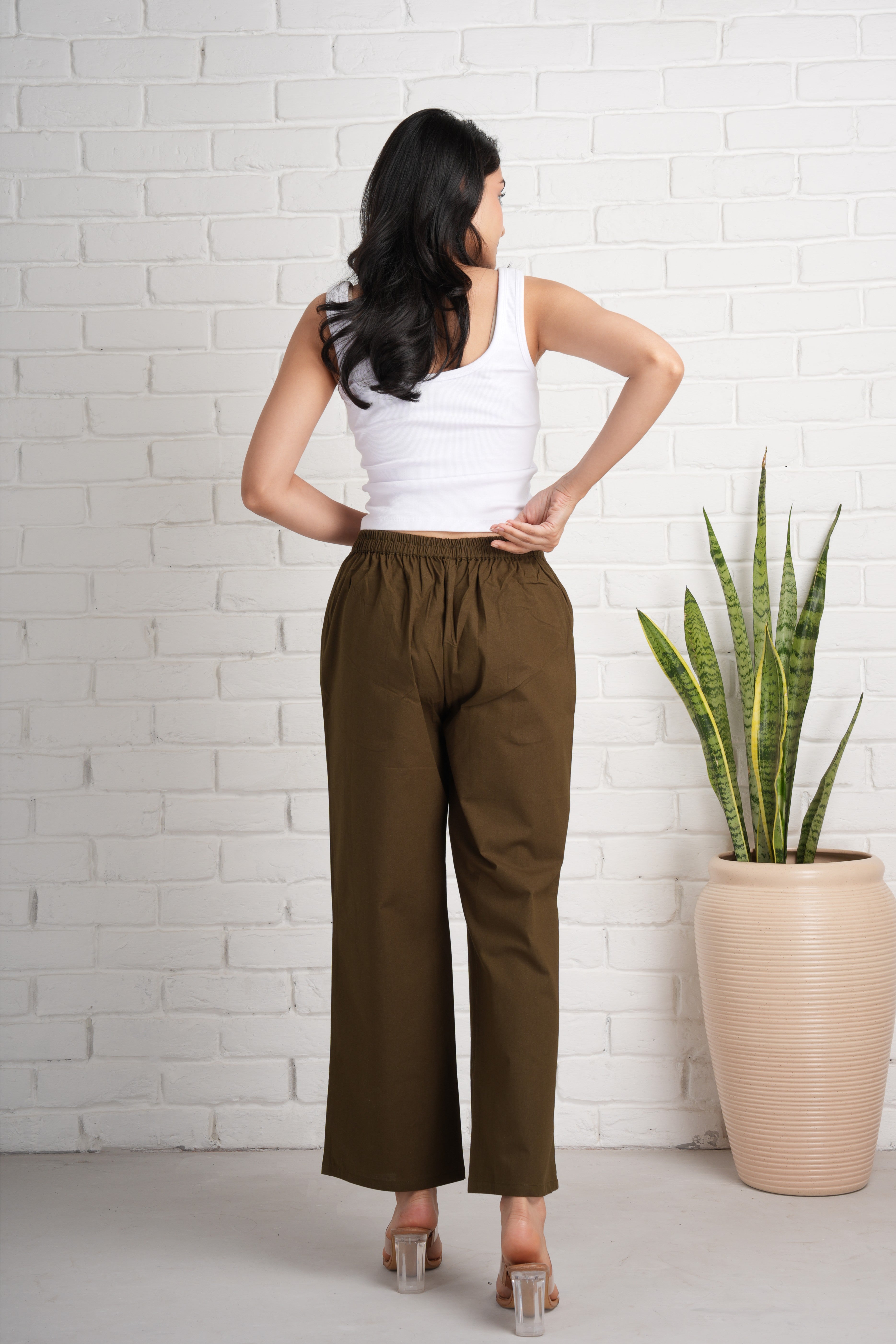 Olive Green Wide Leg Cotton Pants