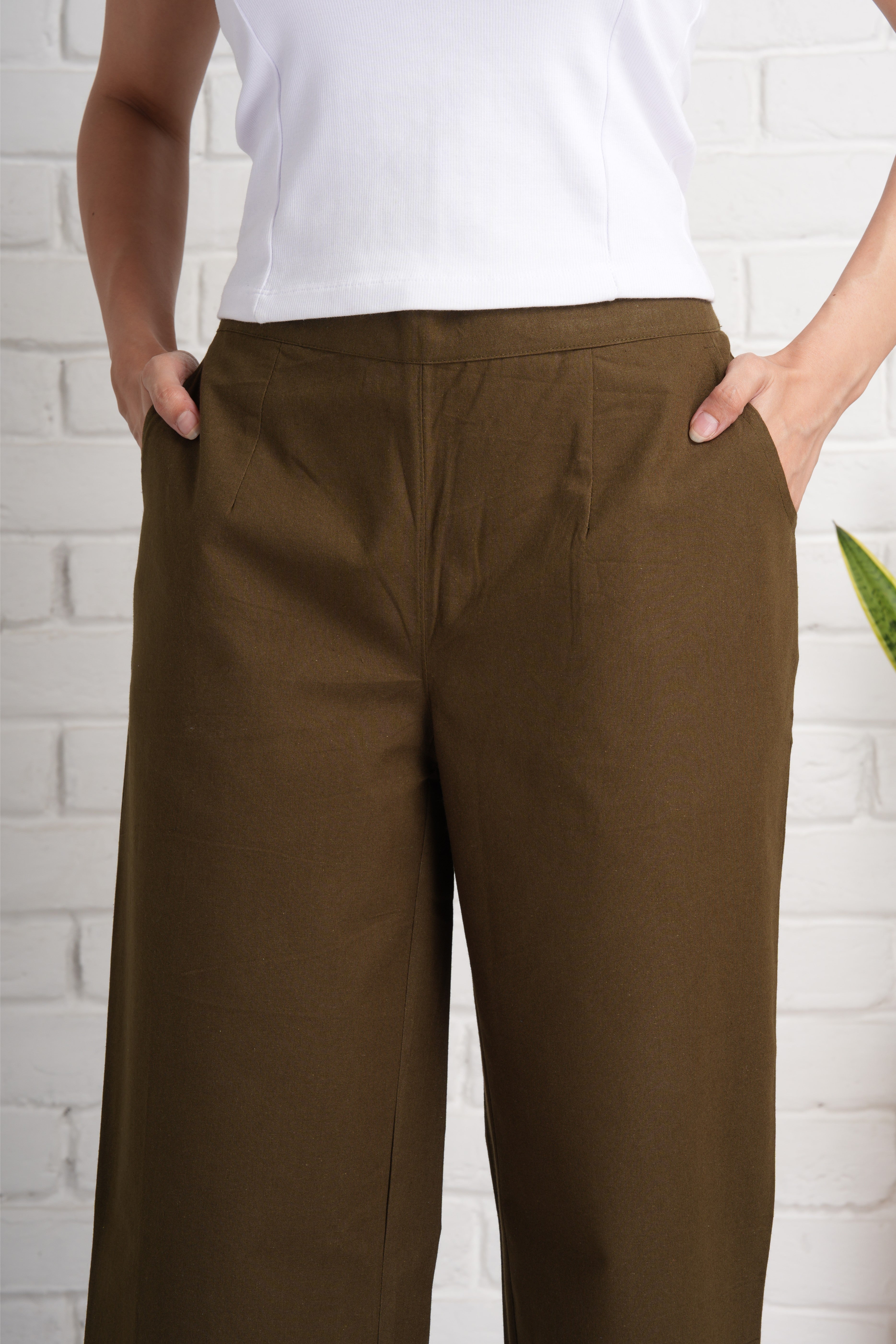 Olive Green Wide Leg Cotton Pants