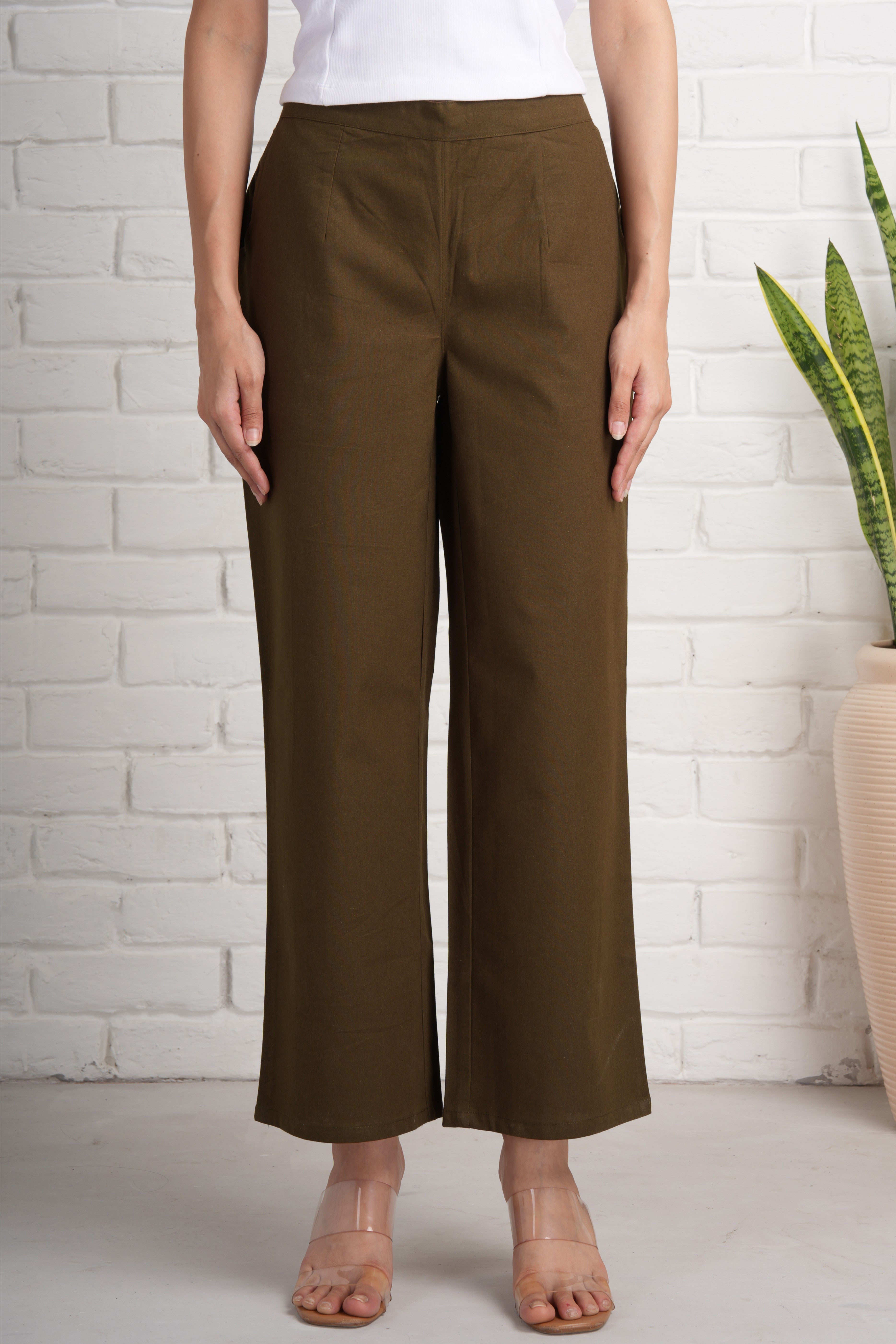 Olive Green Wide Leg Cotton Pants