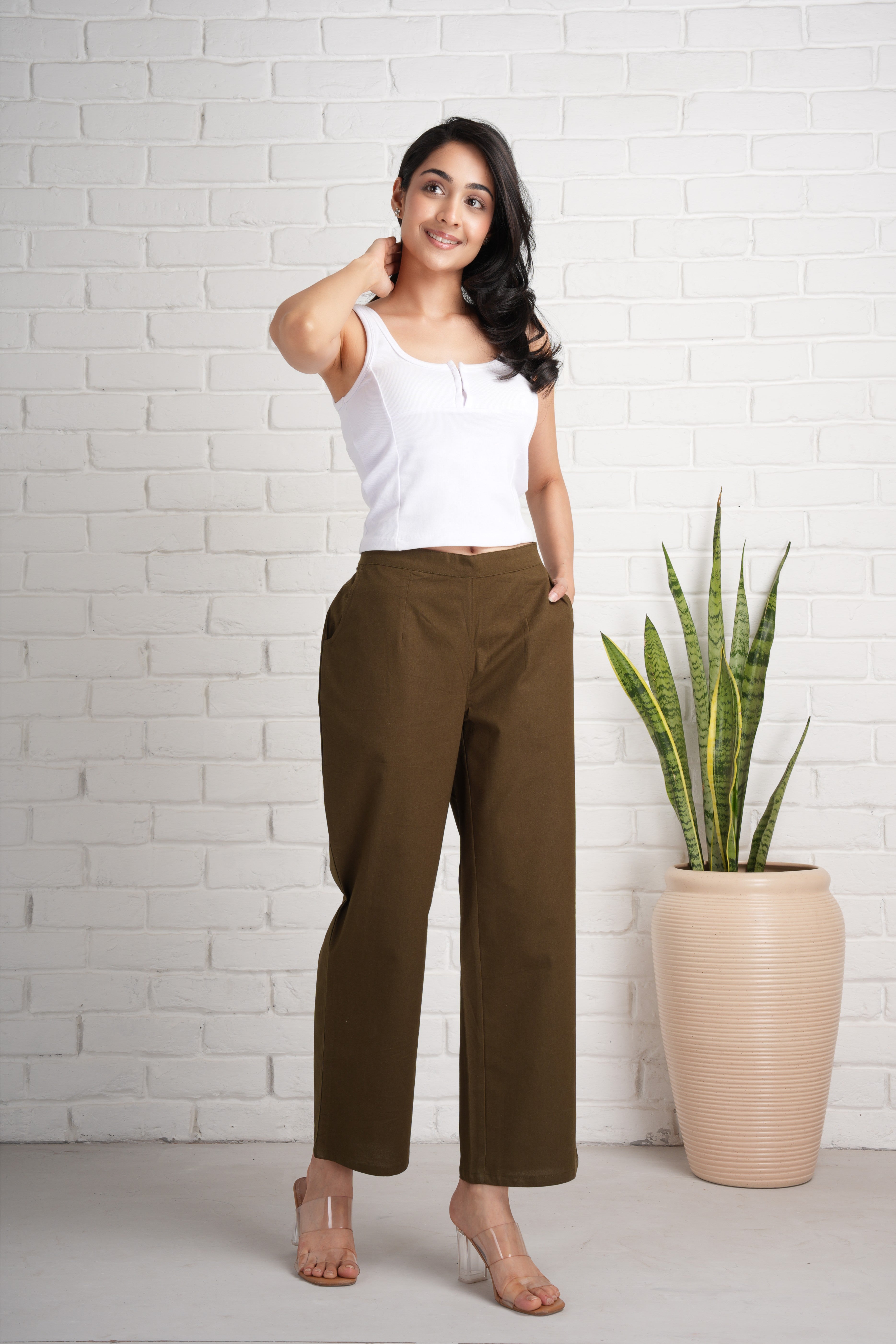 Olive Green Wide Leg Cotton Pants