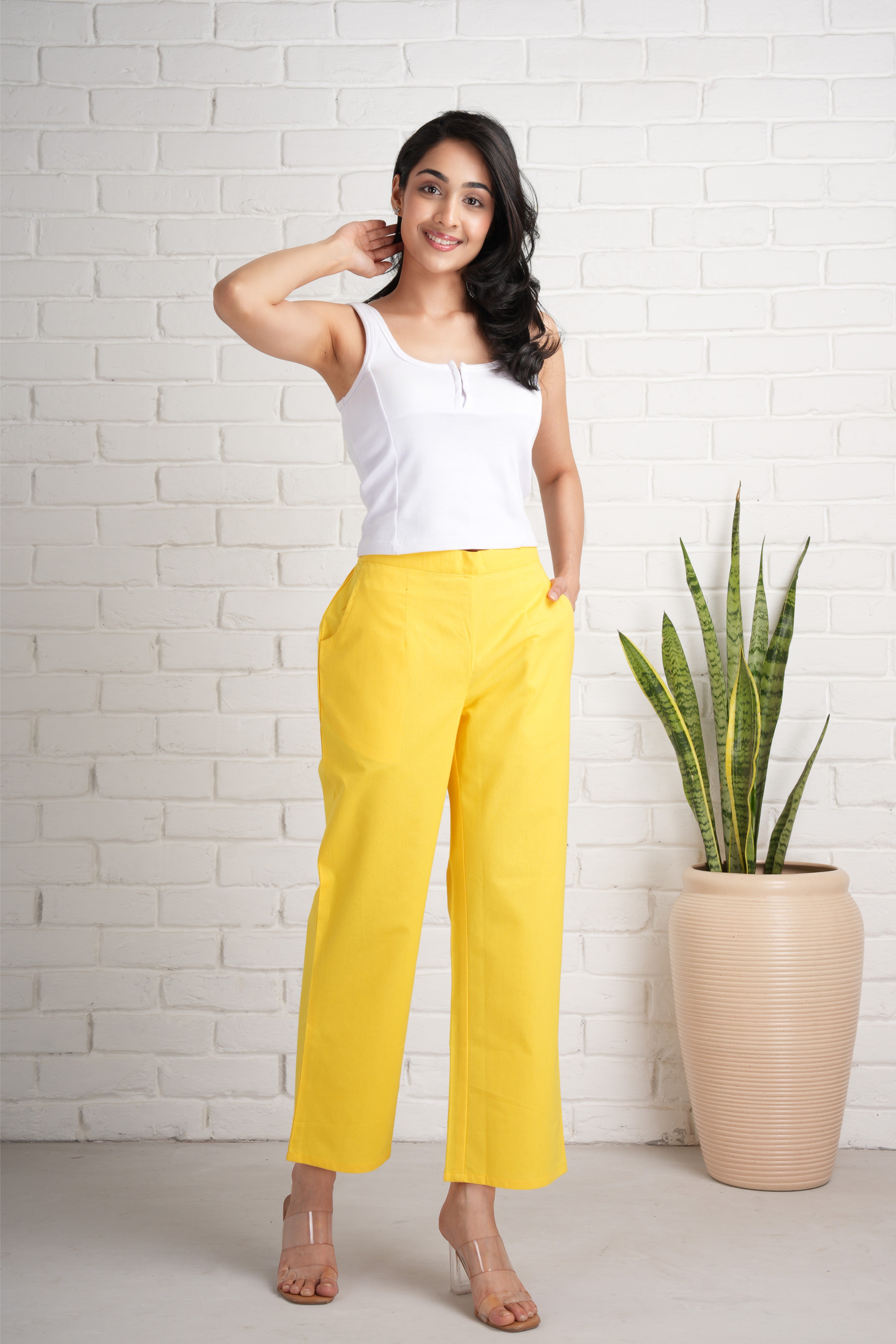 Yellow Wide Leg Cotton Pants