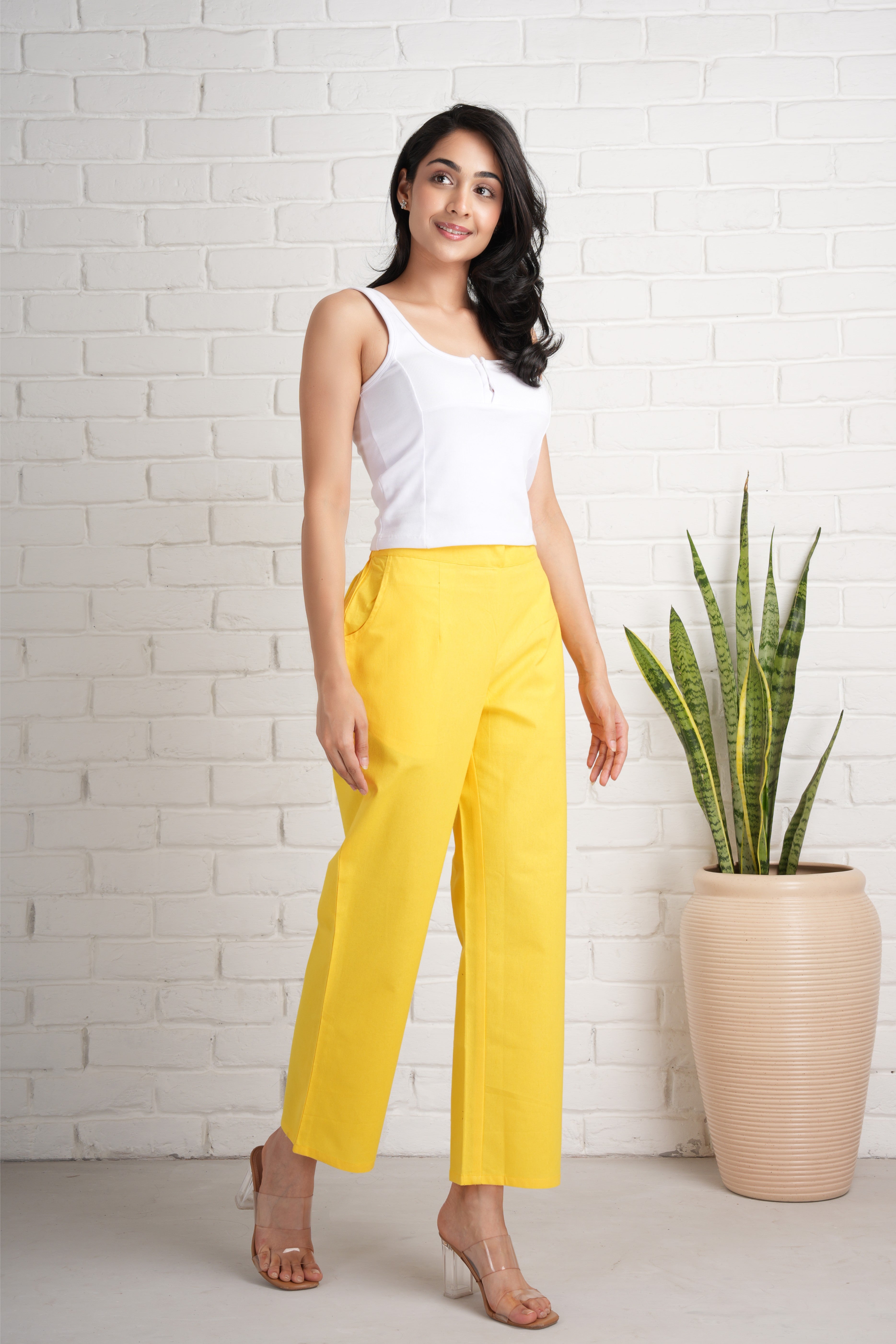 Yellow Wide Leg Cotton Pants