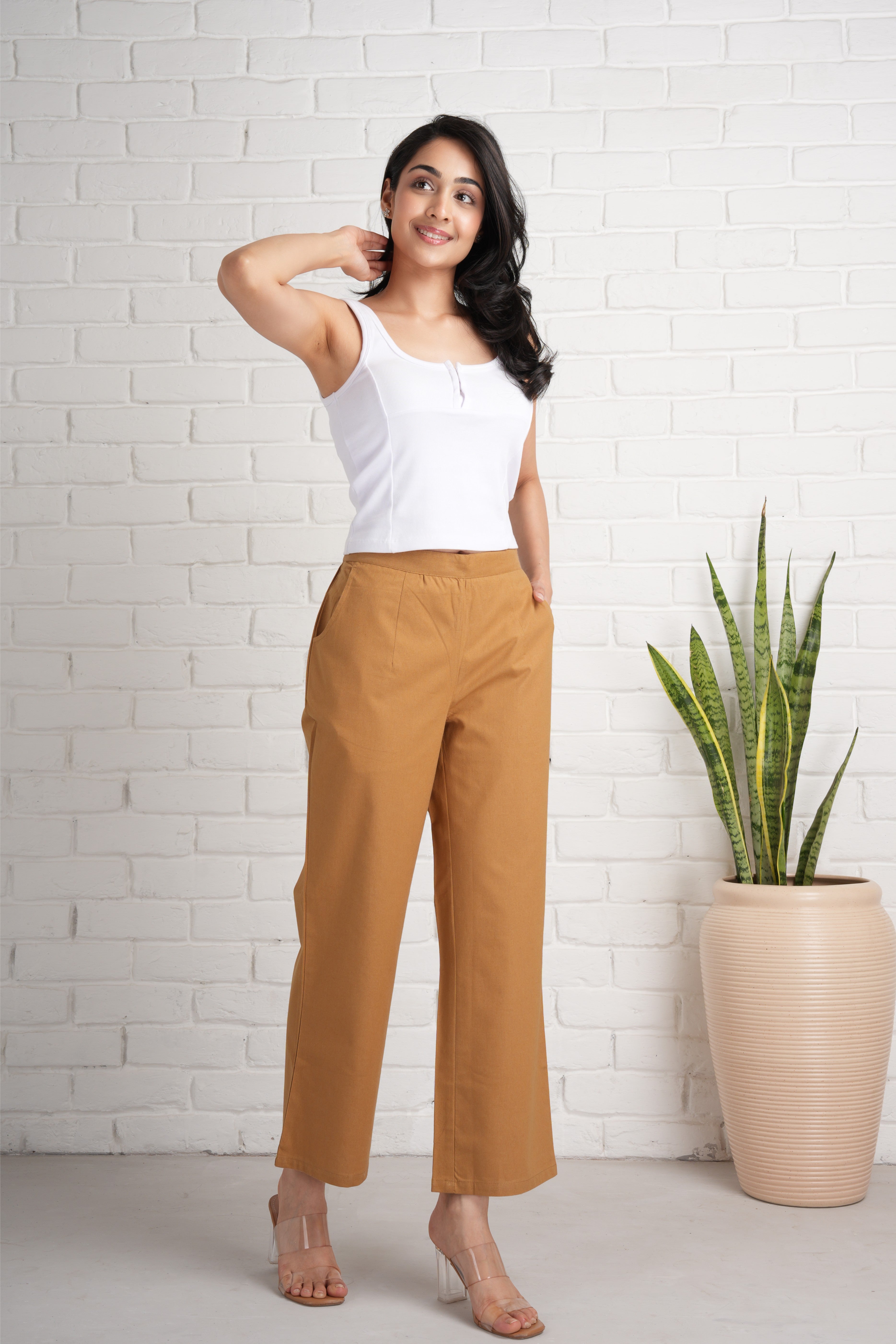 Coffee Brown Wide Leg Cotton Pants