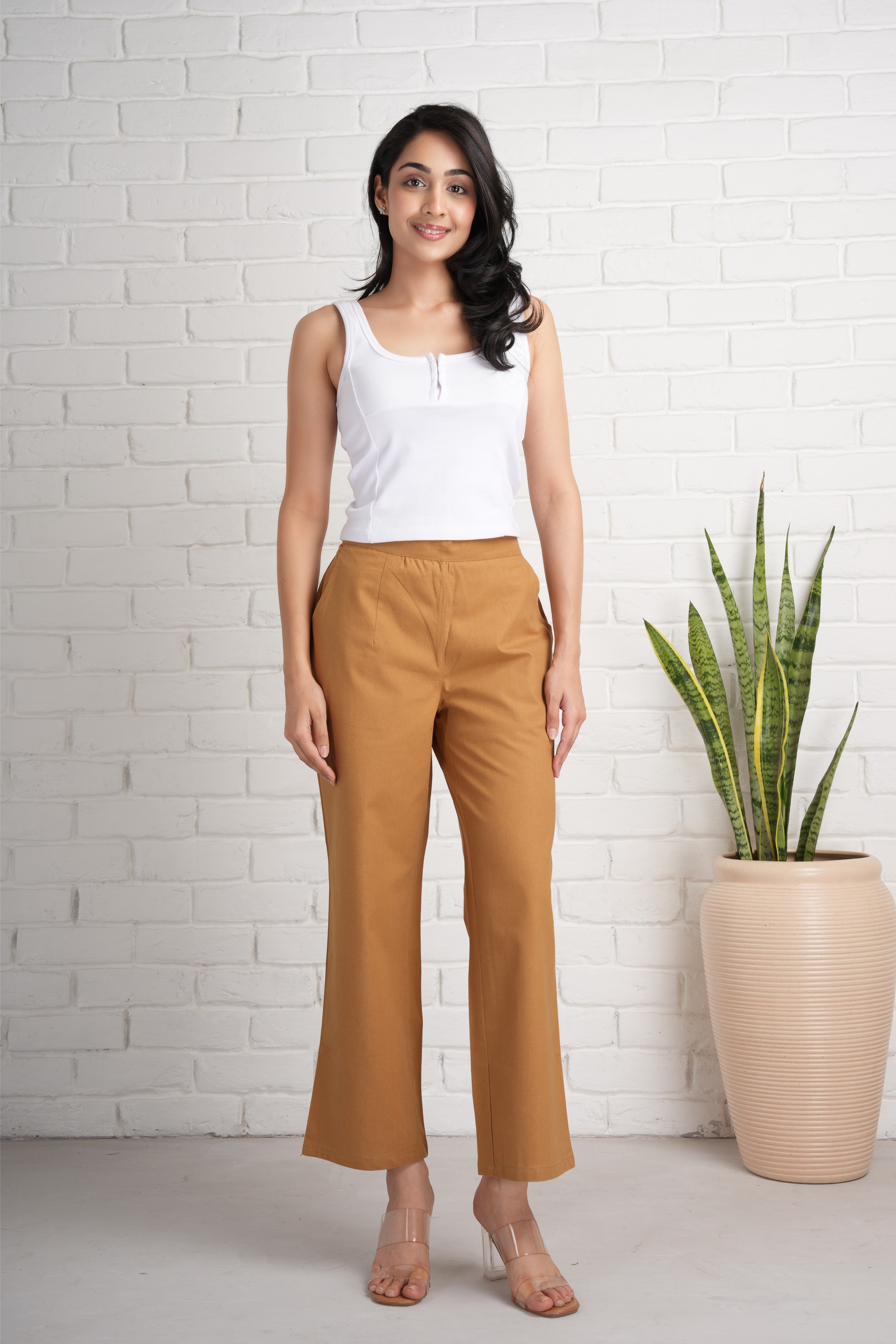 Coffee Brown Wide Leg Cotton Pants