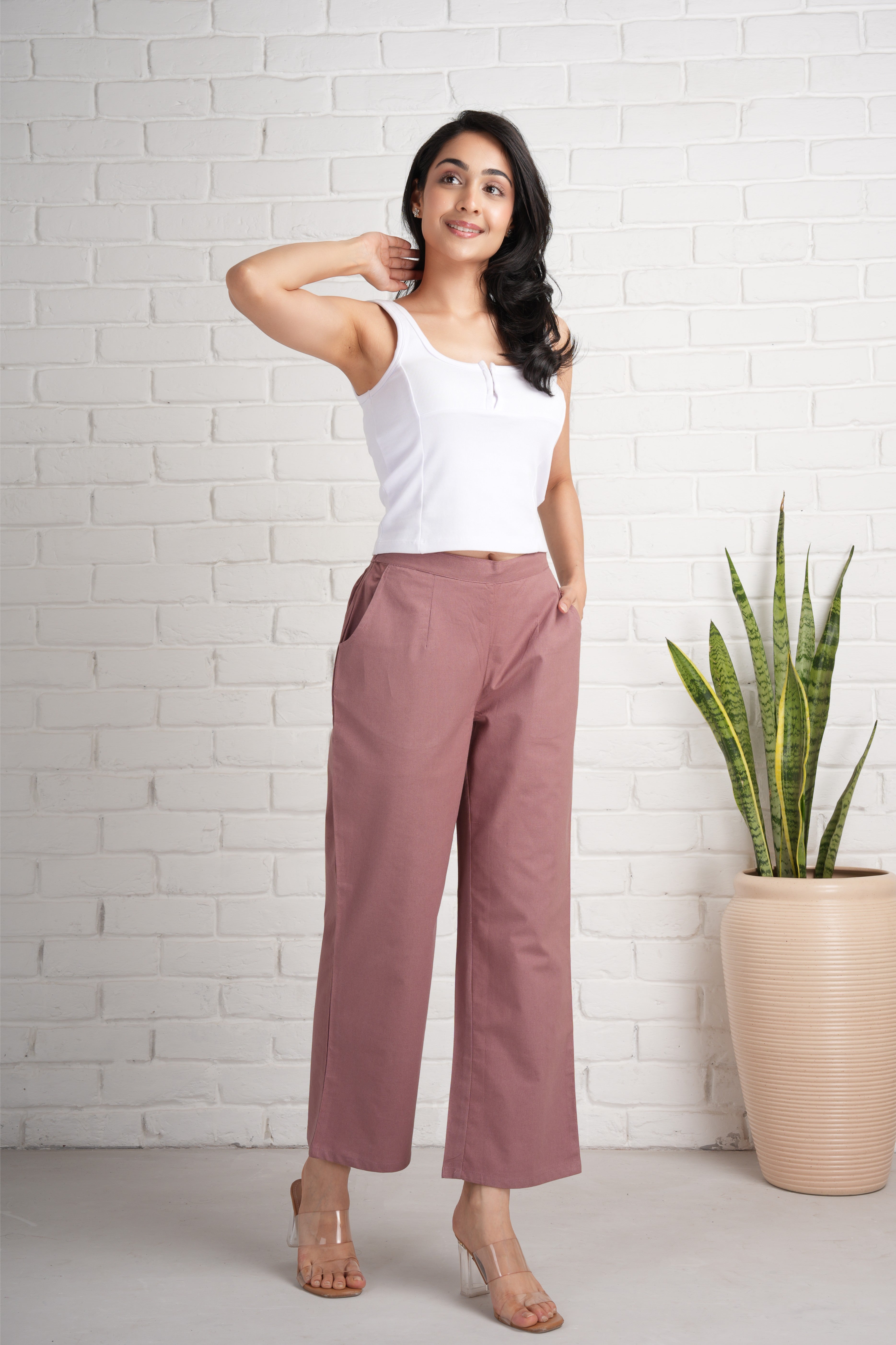 Rose Taupe Wide Leg Cotton Pants
