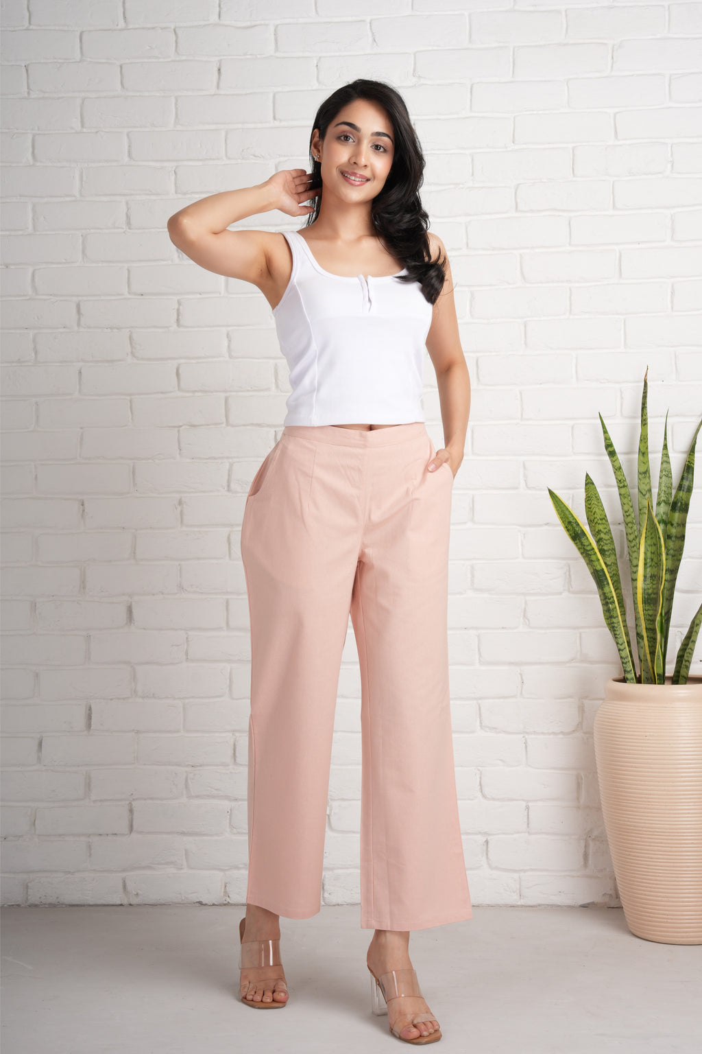 Salmon Pink Wide Leg Cotton Pants