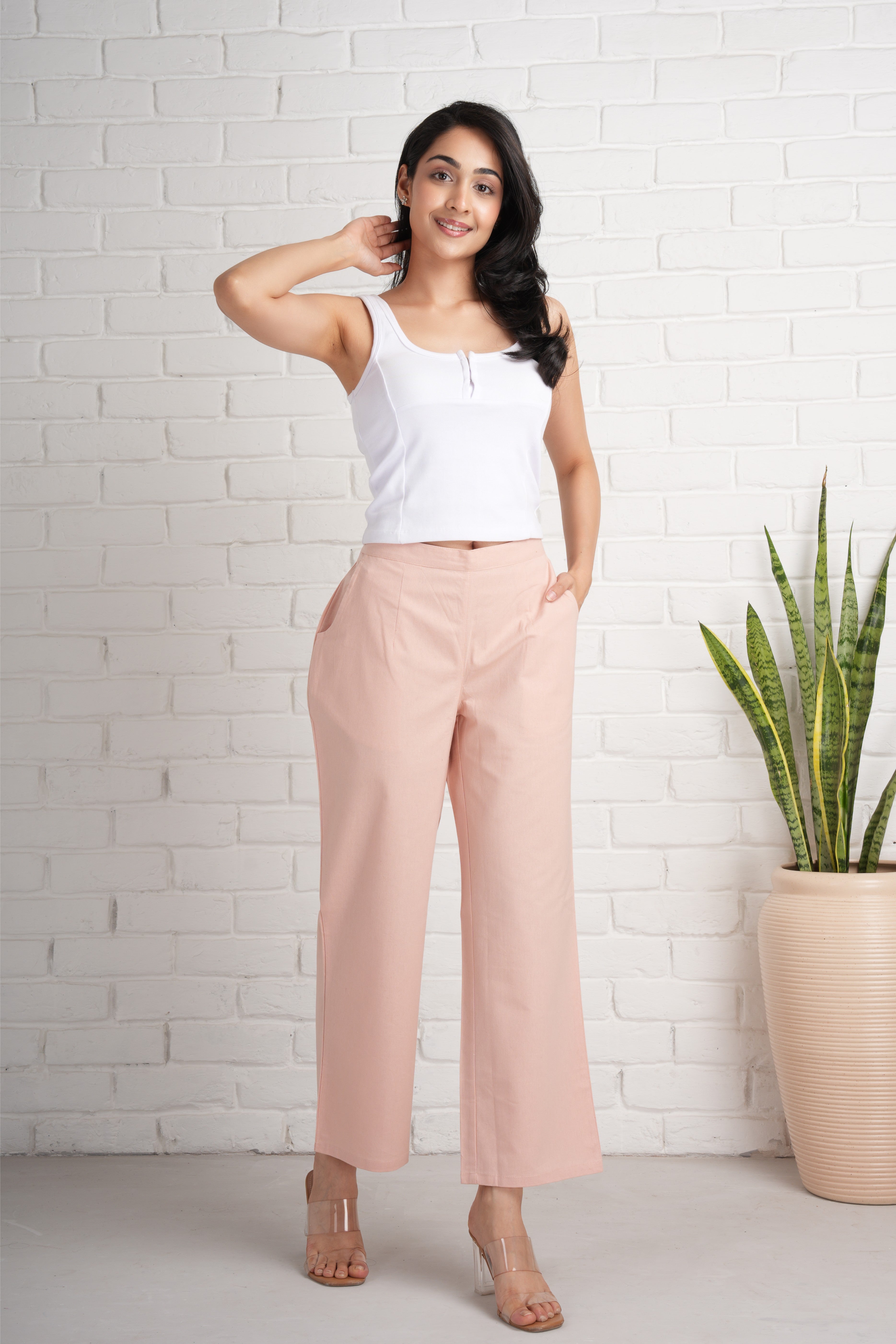 Salmon Pink Wide Leg Cotton Pants