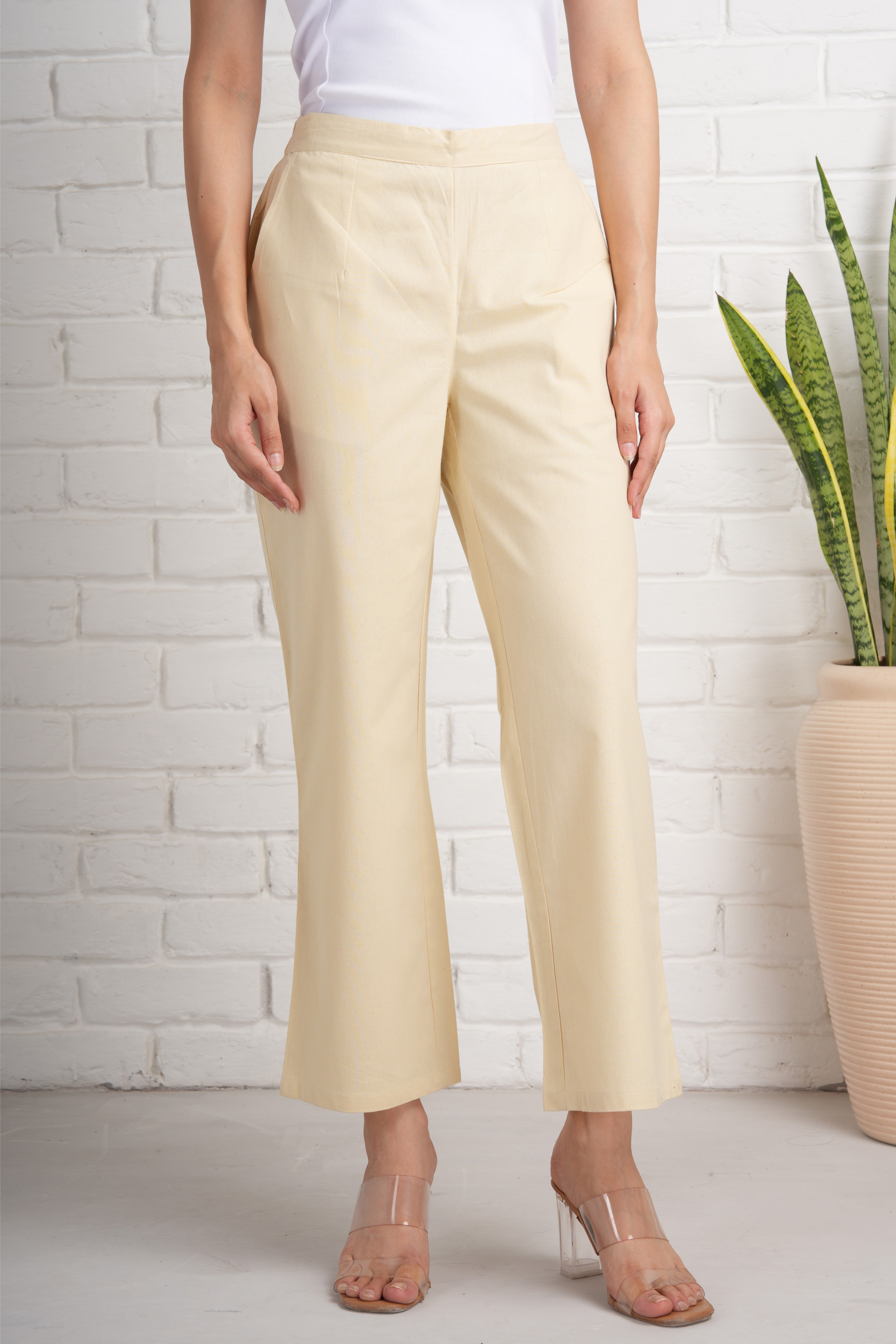 Beige Wide Leg Cotton Pants