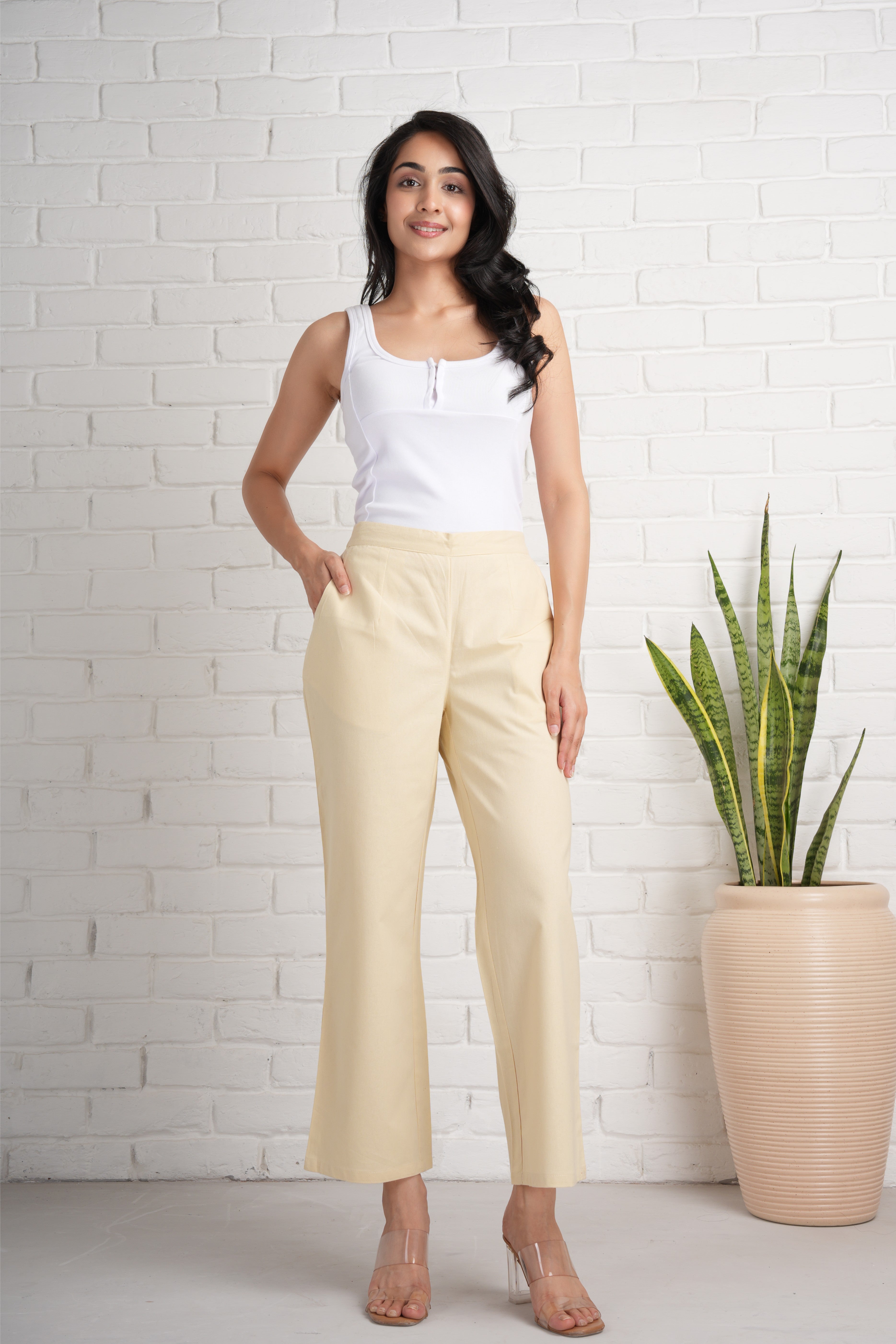 Beige Wide Leg Cotton Pants