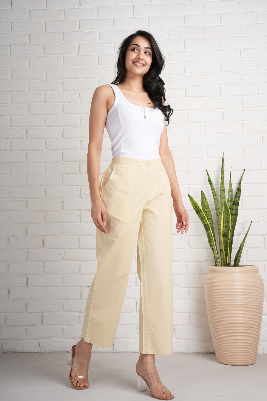 Beige Wide Leg Cotton Pants