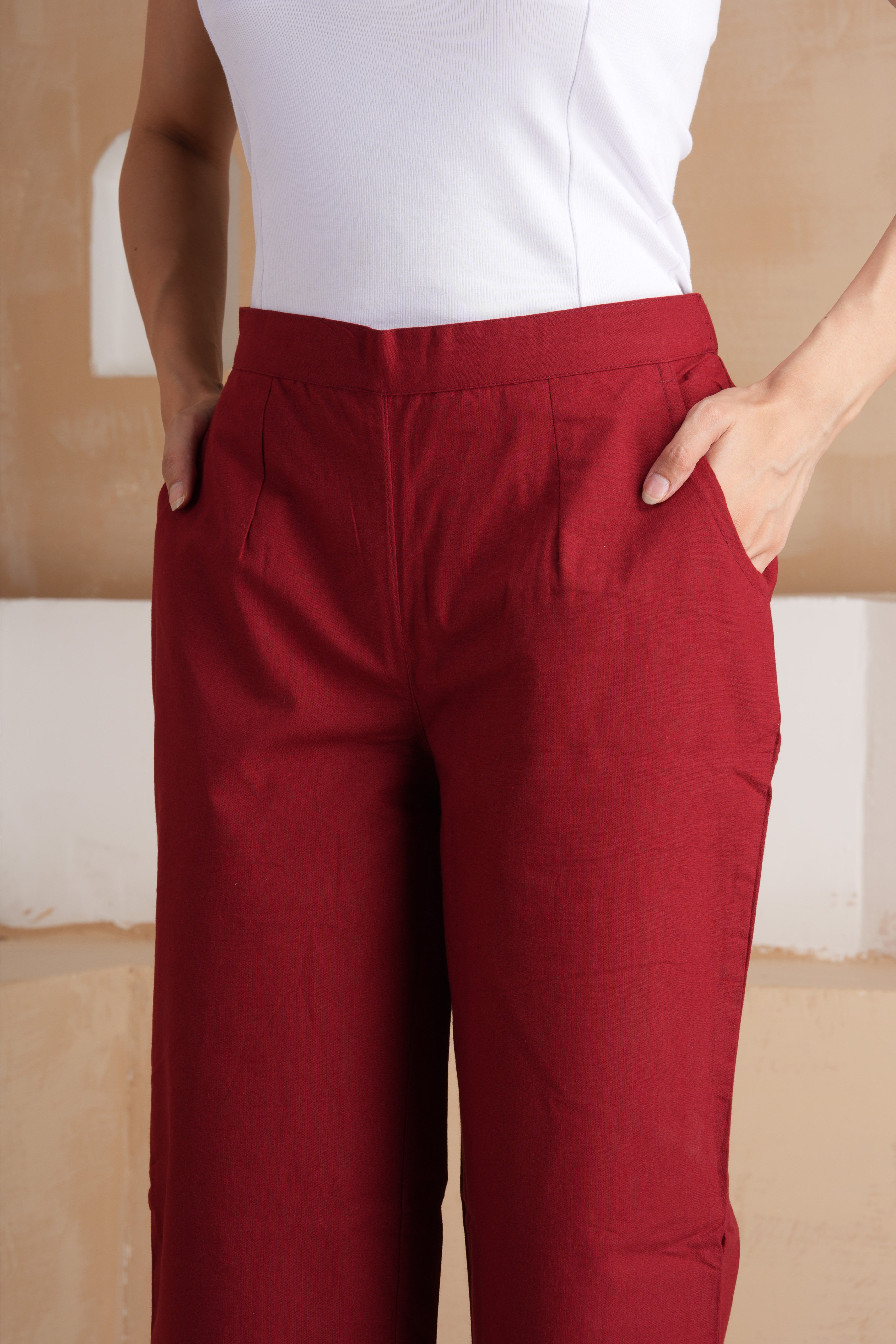 Maroon Wide Leg Cotton Pants