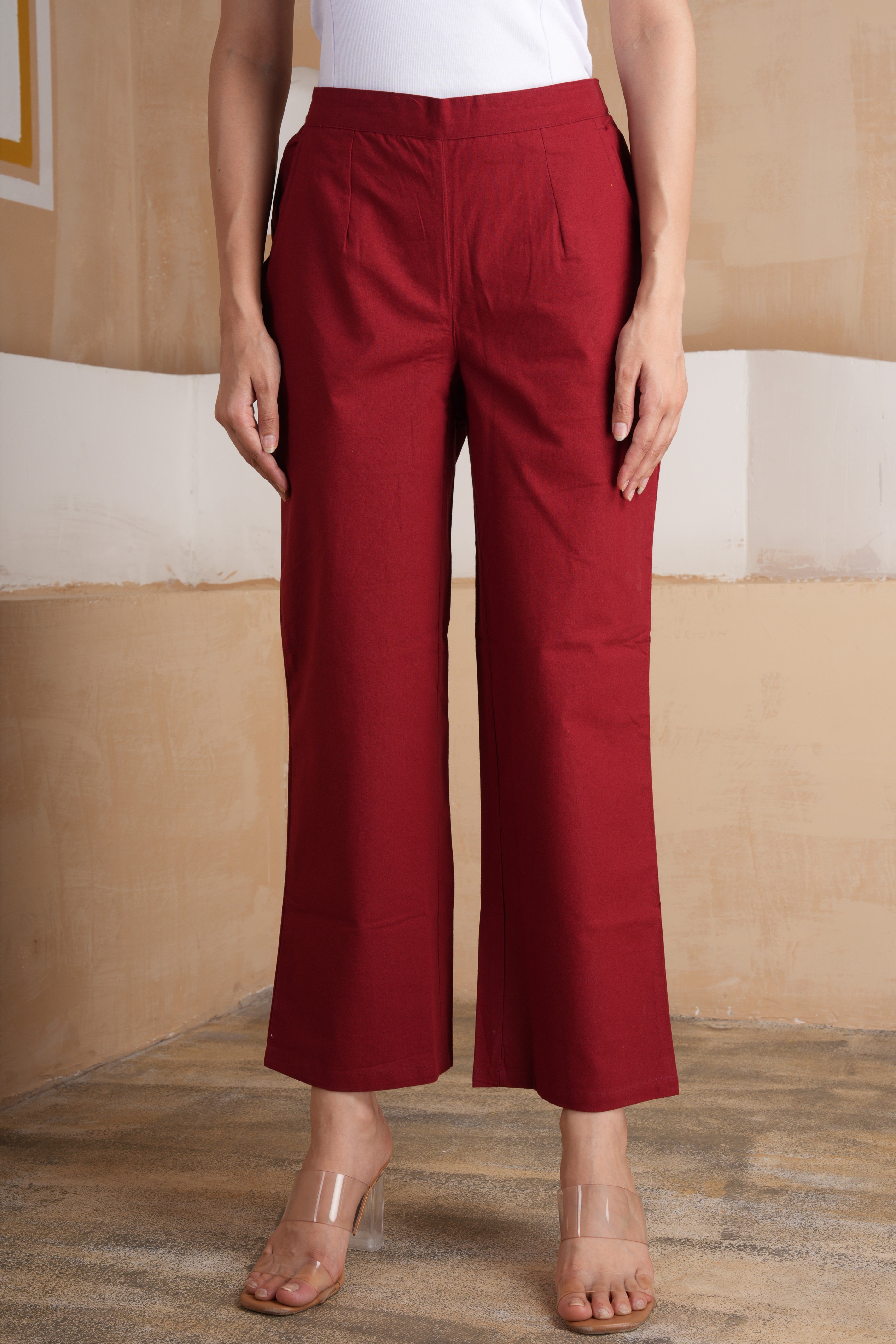 Maroon Wide Leg Cotton Pants