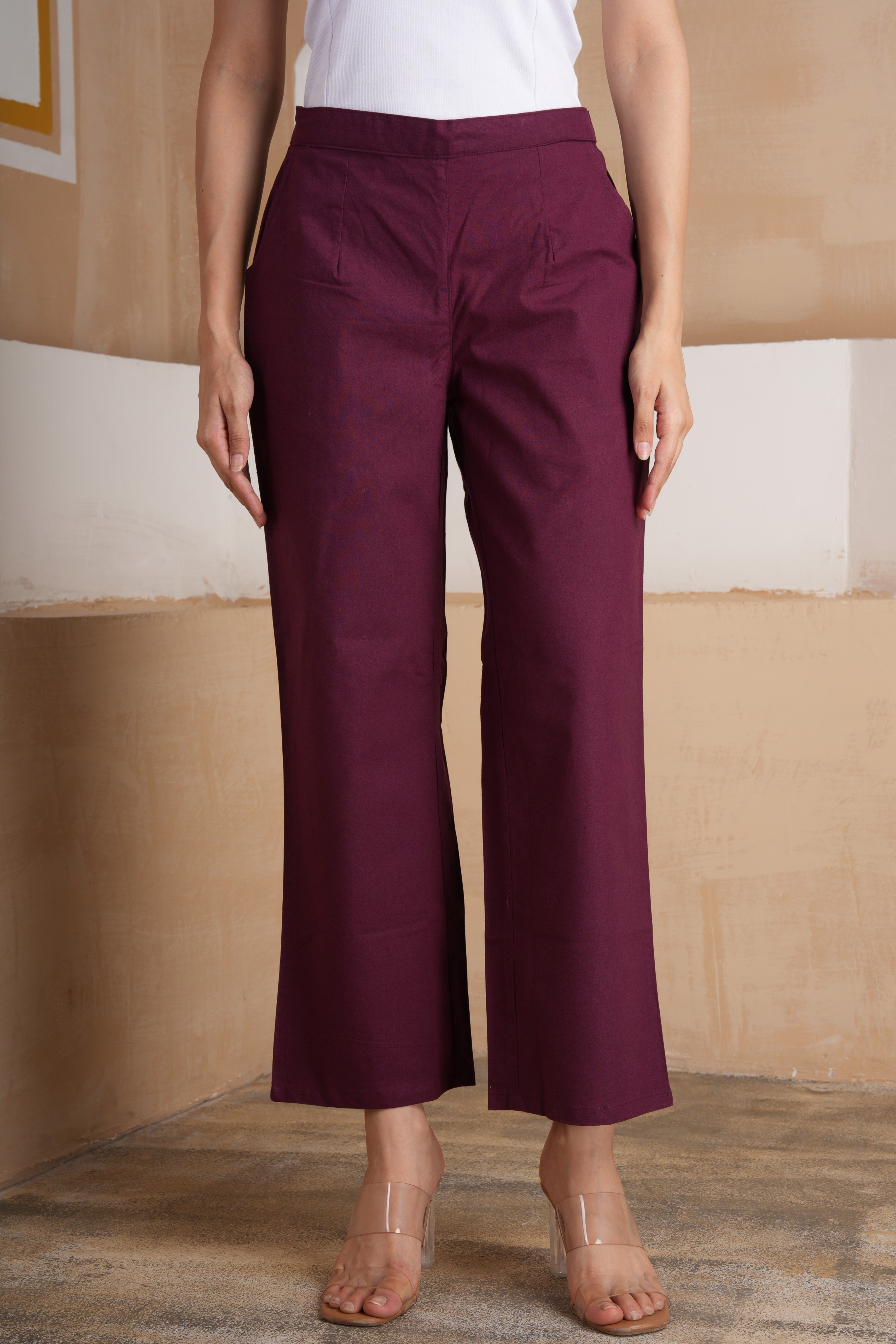 Wine Wide Leg Cotton Pants