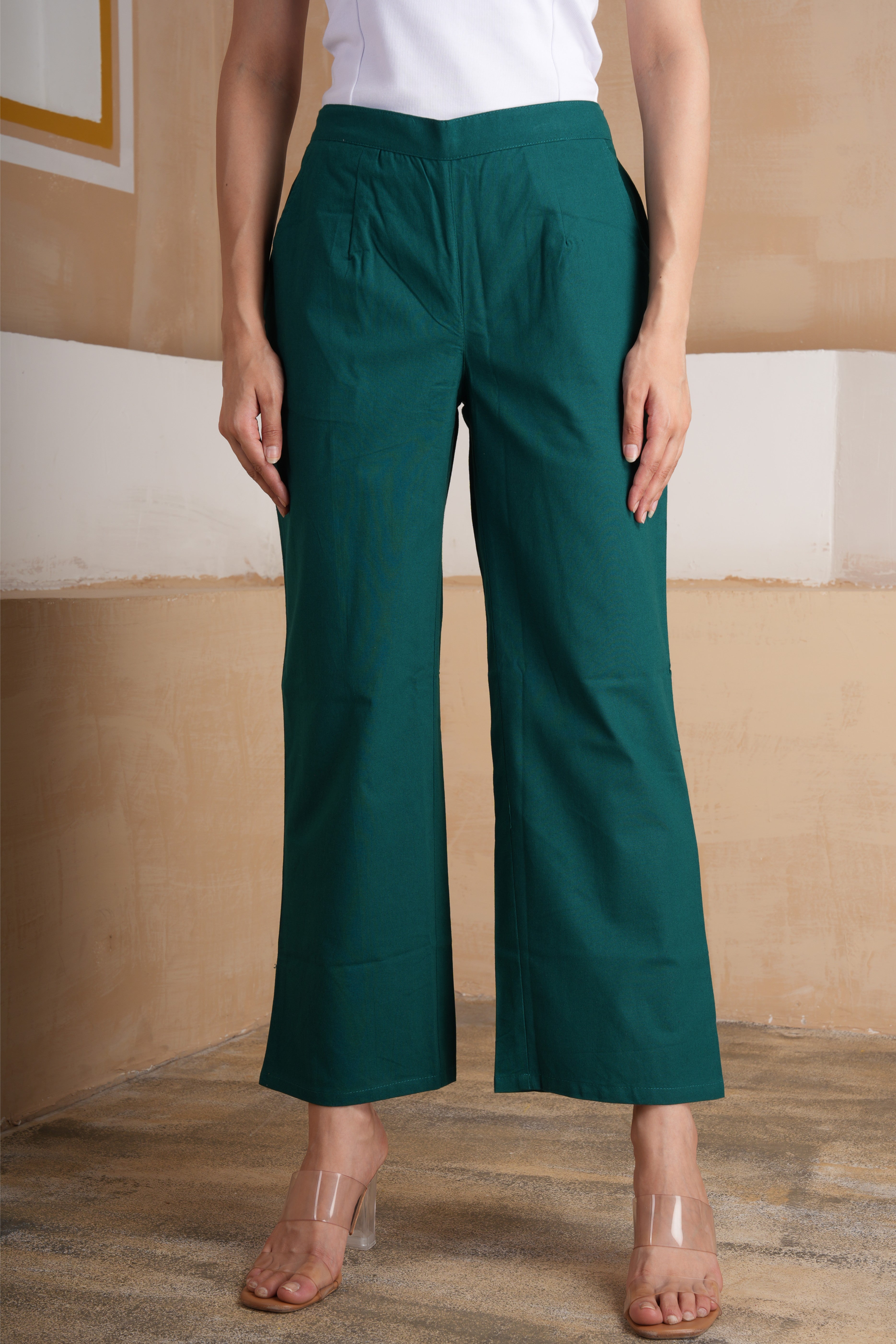 Bottle Green Wide Leg Cotton Pants