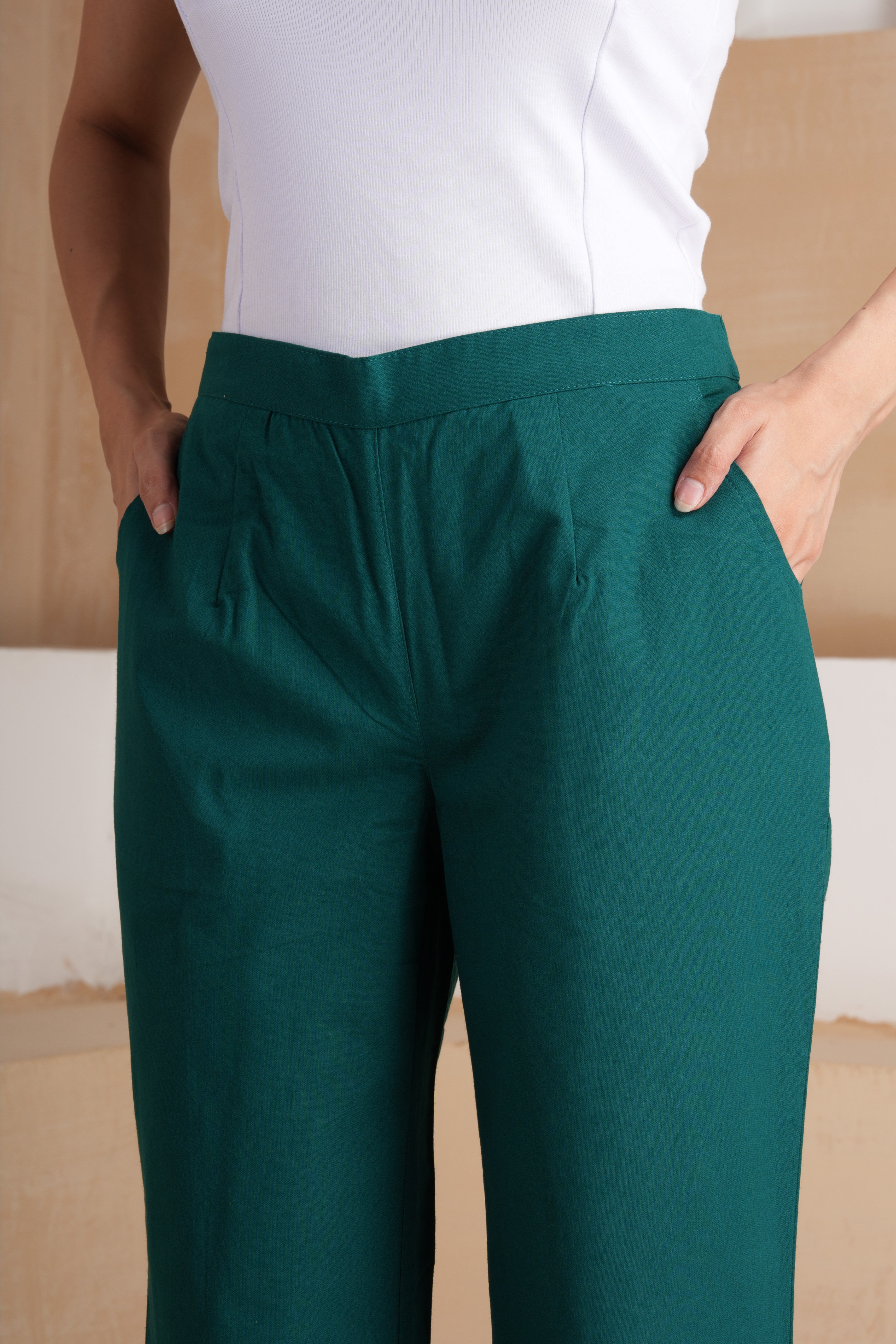 Bottle Green Wide Leg Cotton Pants