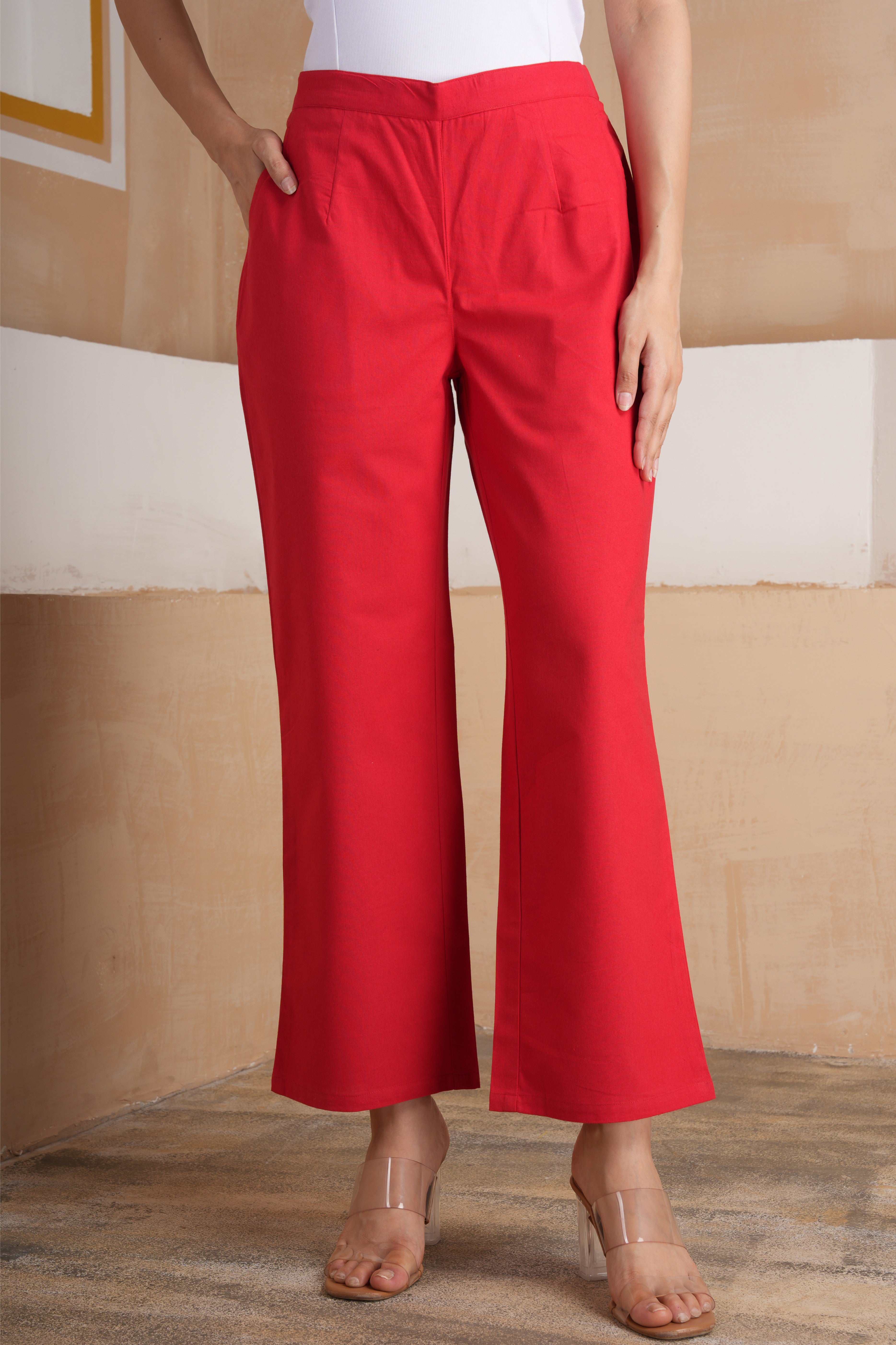 Red Wide Leg Cotton Pants