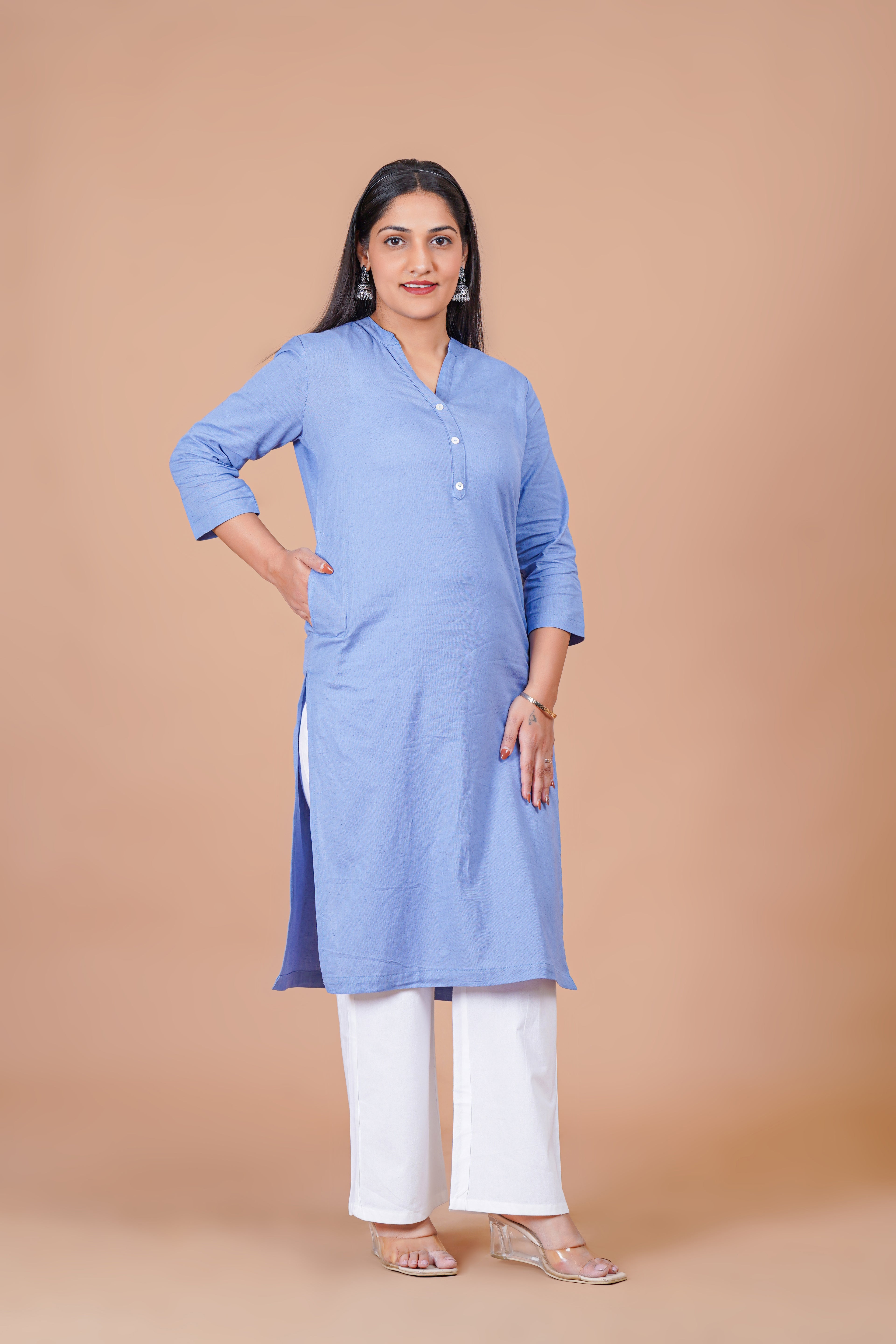 English Blue Linen EasyFlow Linen Cotton Long Kurta