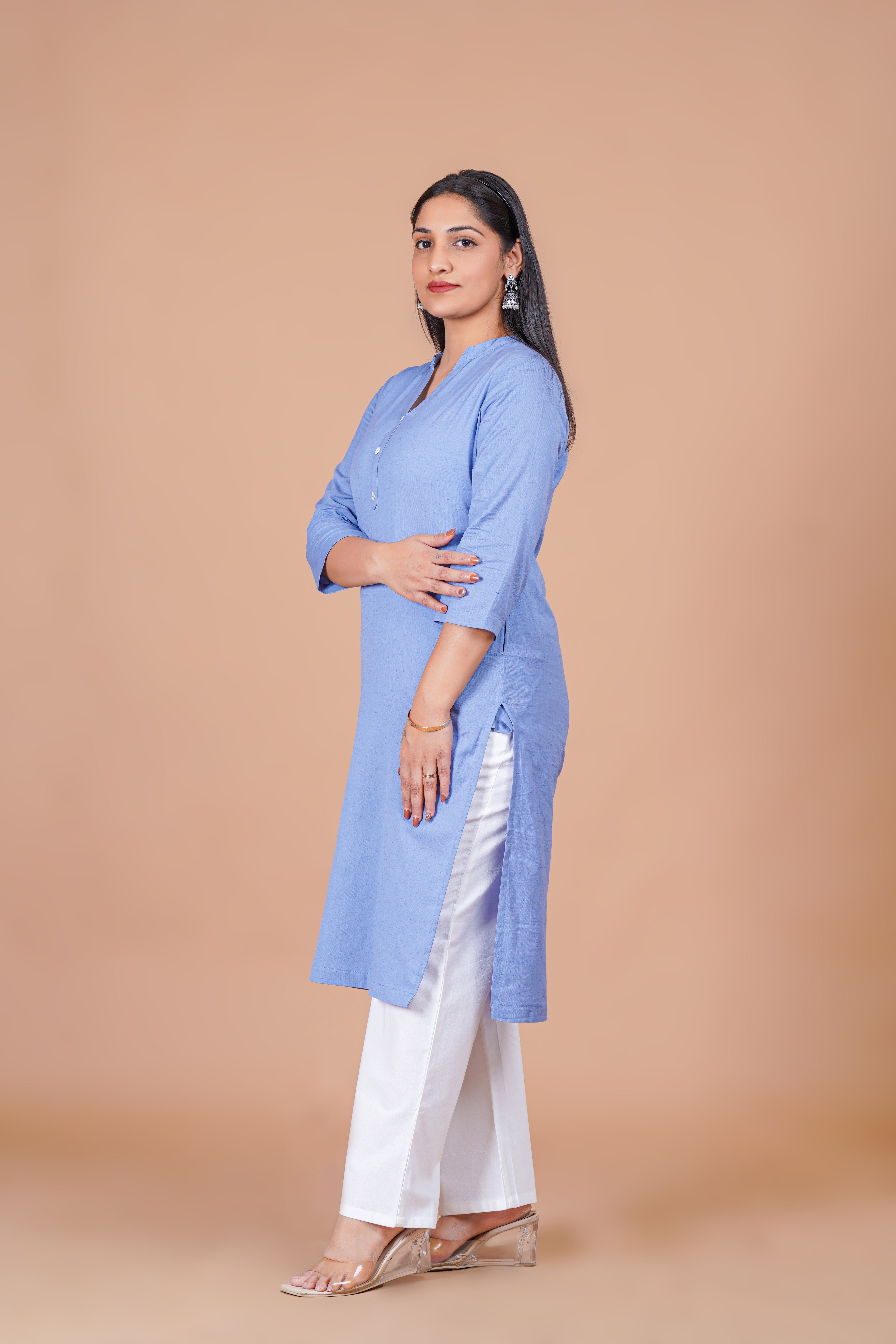 English Blue Linen EasyFlow Linen Cotton Long Kurta
