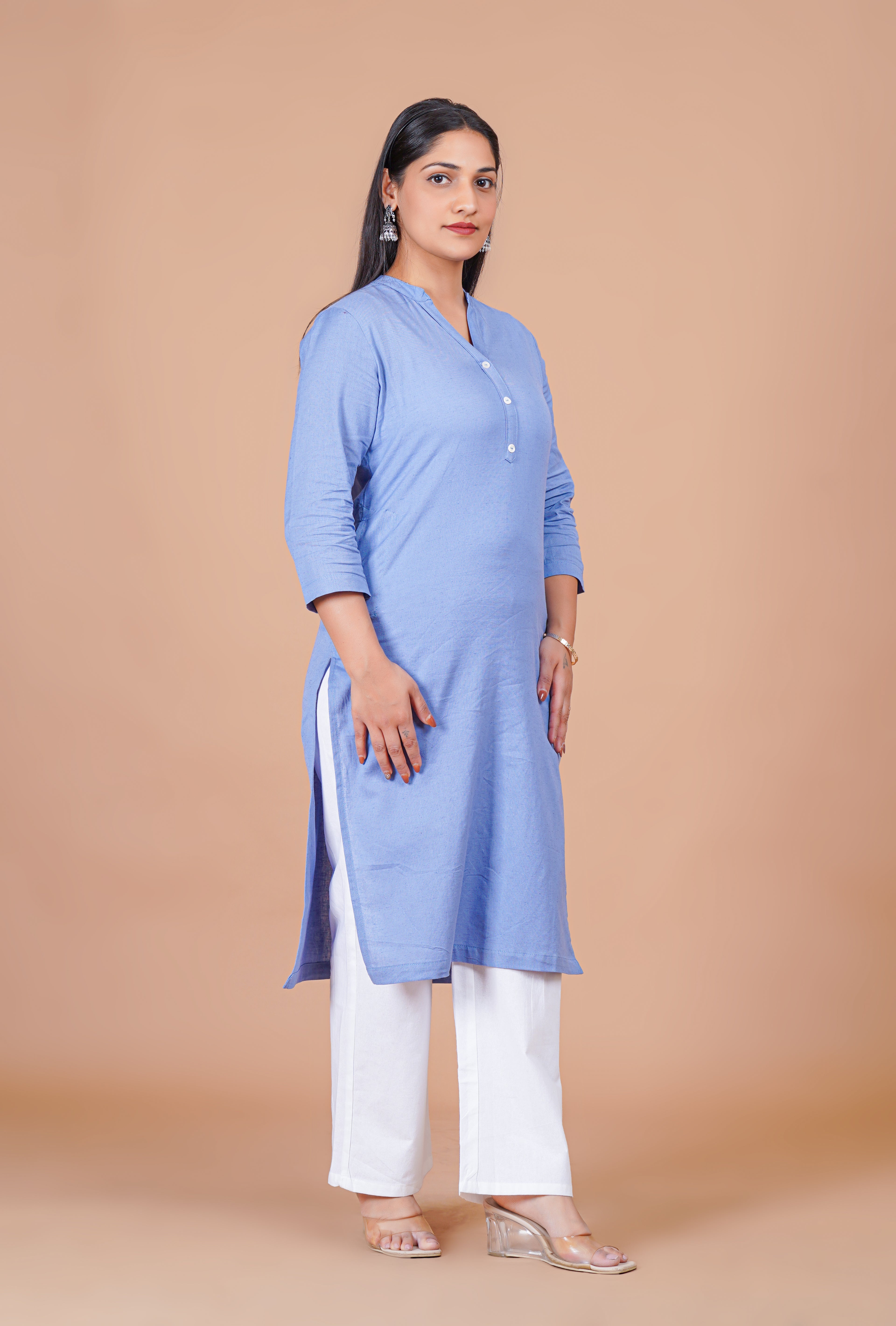 English Blue Linen EasyFlow Linen Cotton Long Kurta