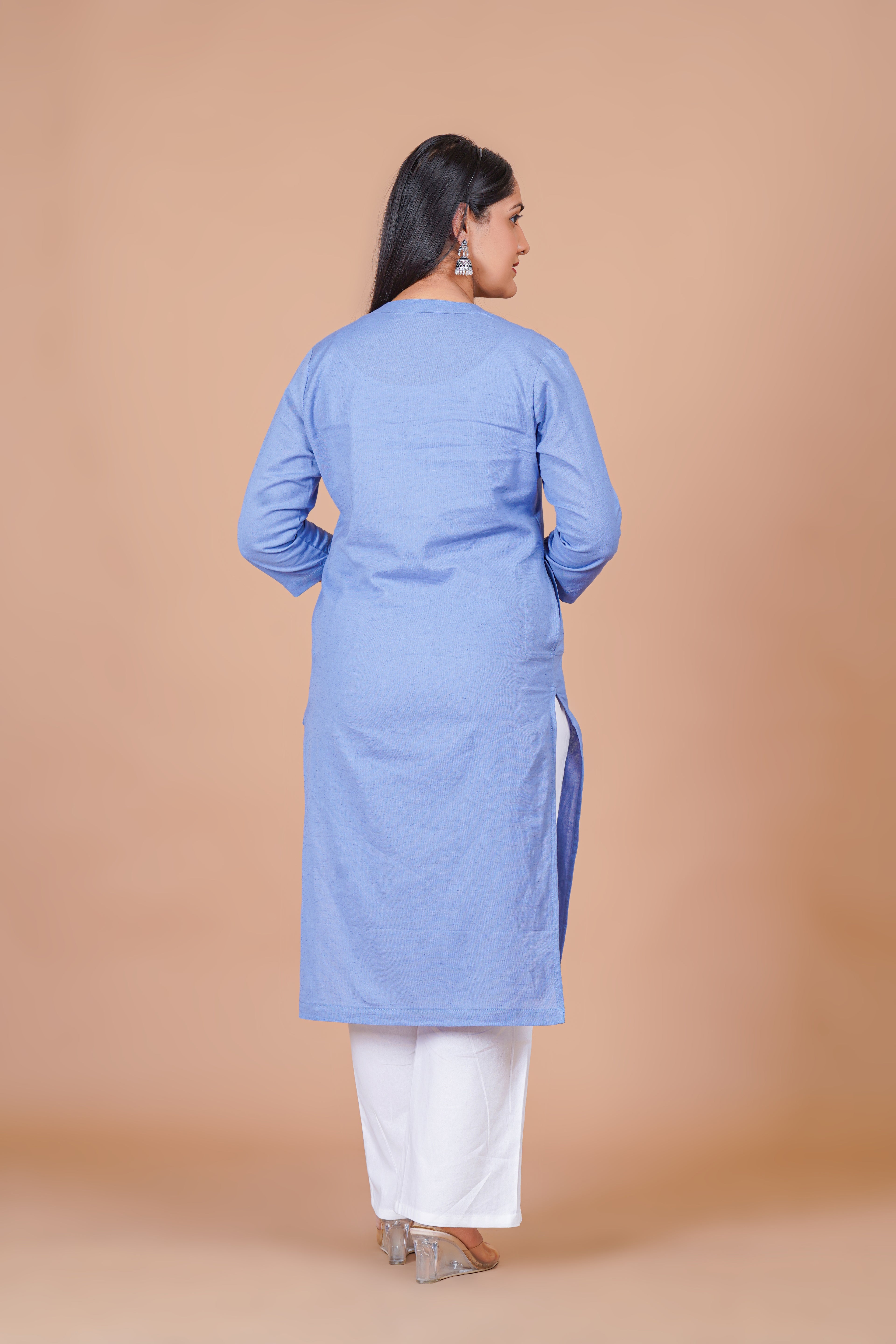 English Blue Linen EasyFlow Linen Cotton Long Kurta