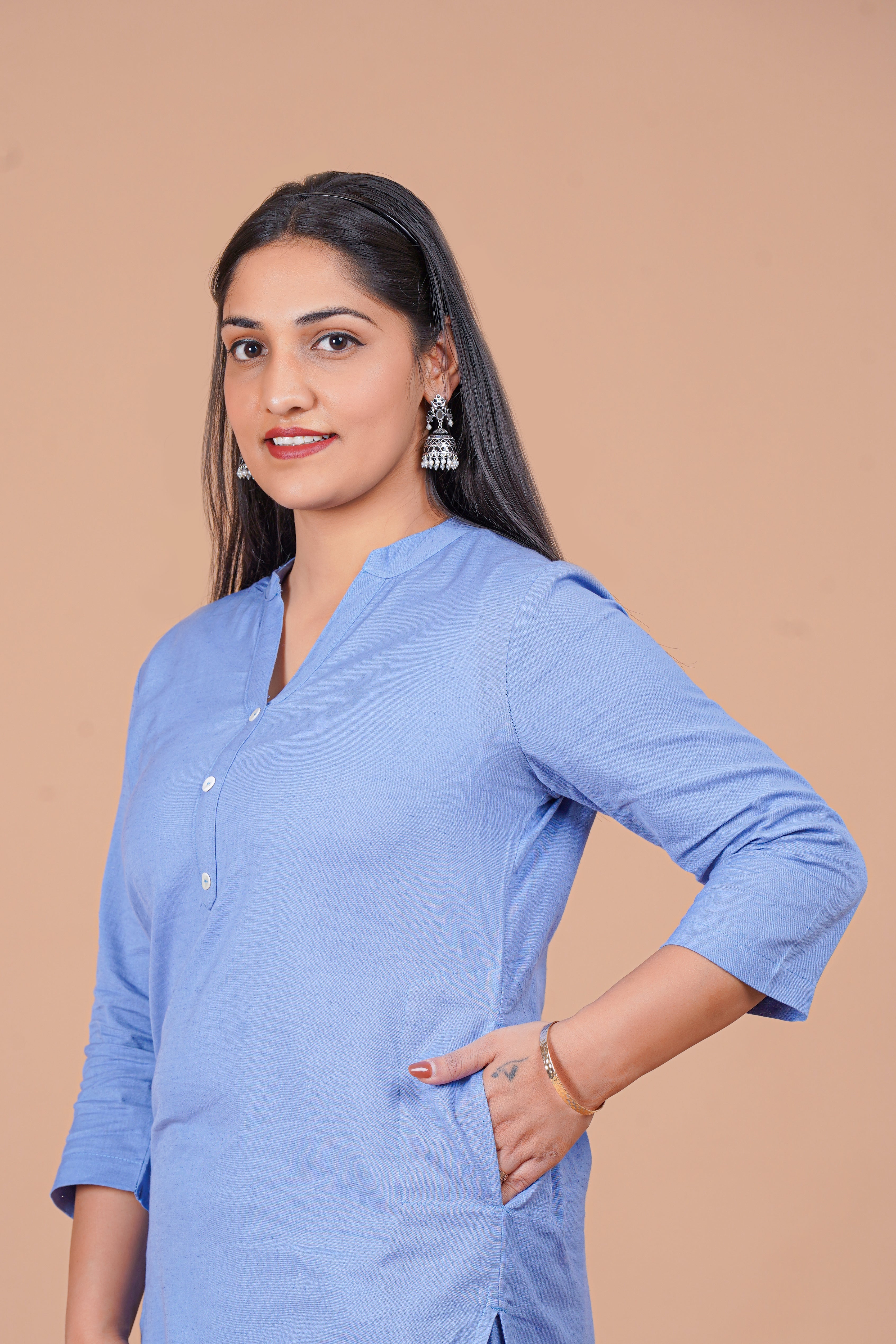 English Blue Linen EasyFlow Linen Cotton Long Kurta