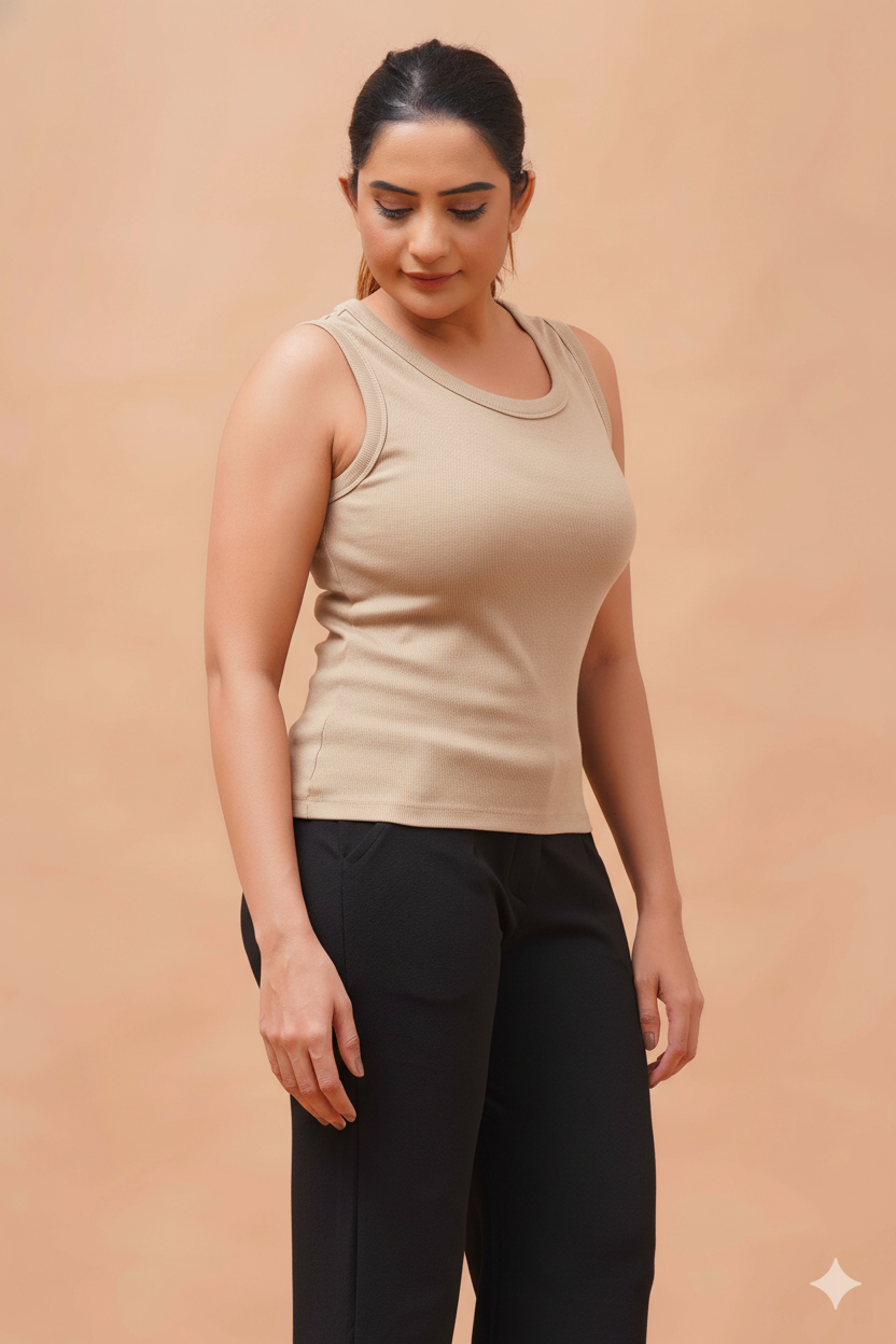 Beige Sleeveless Ribbed Top