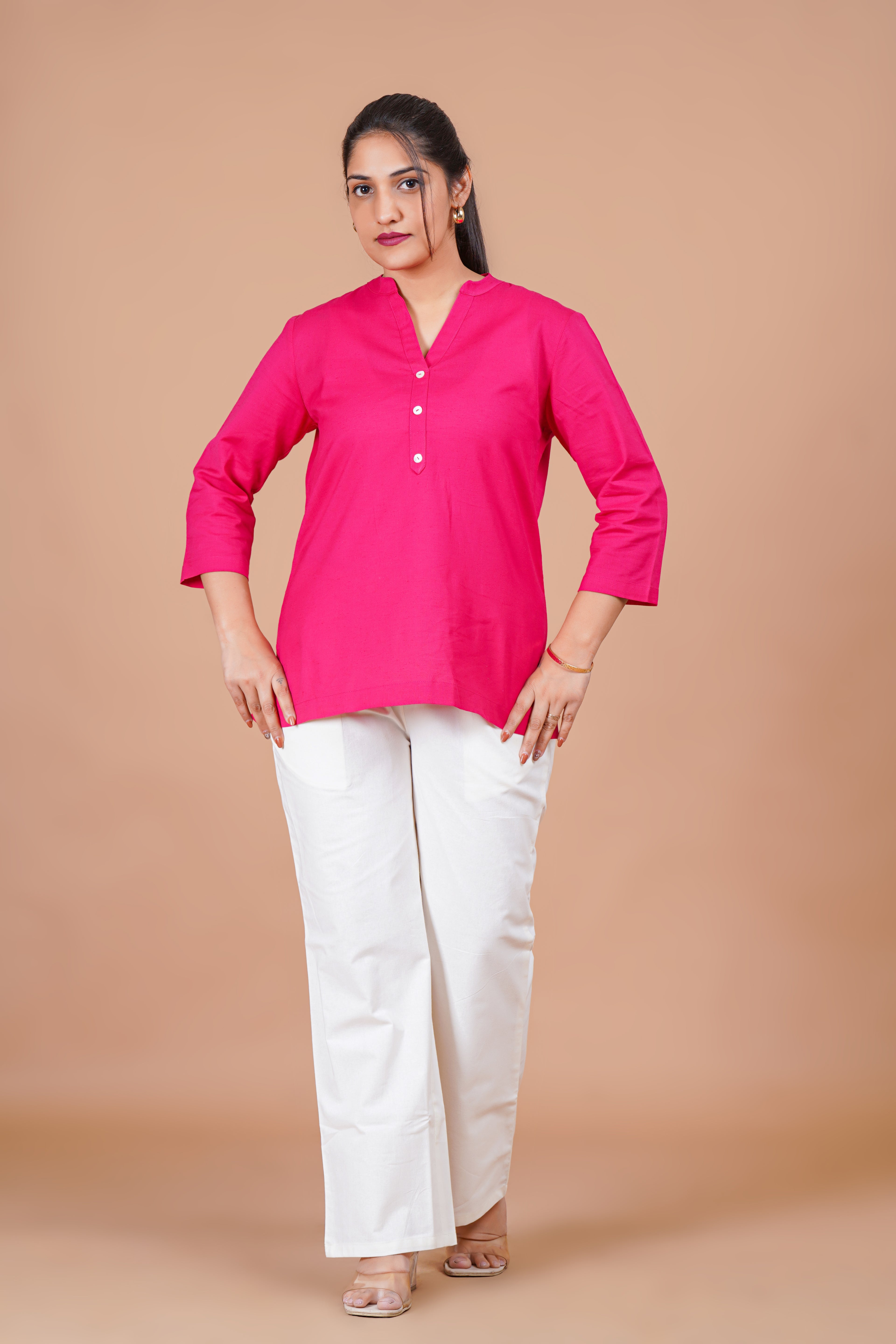 Hot Pink EasyFlow Linen CottonShort Kurti