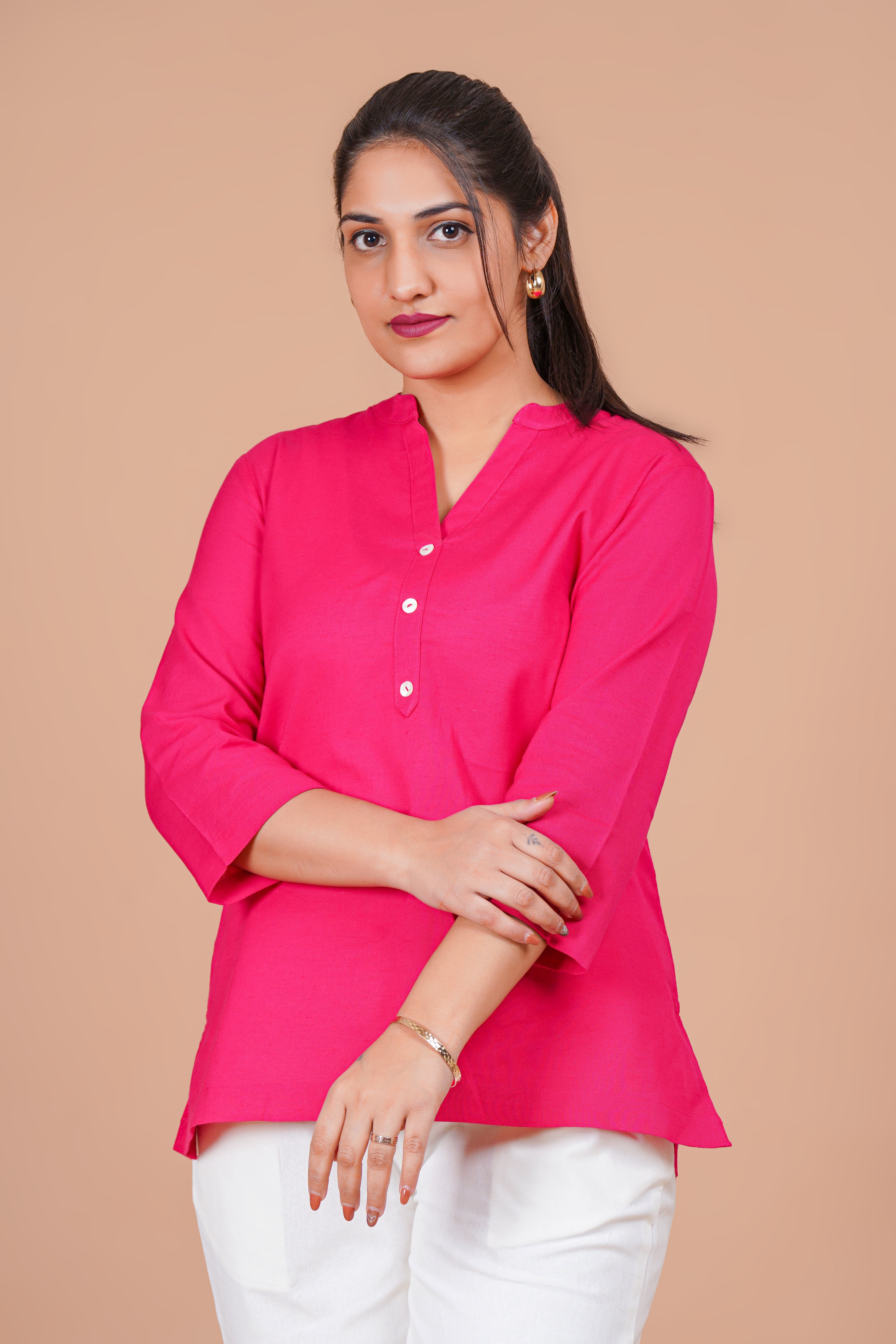 Hot Pink EasyFlow Linen CottonShort Kurti