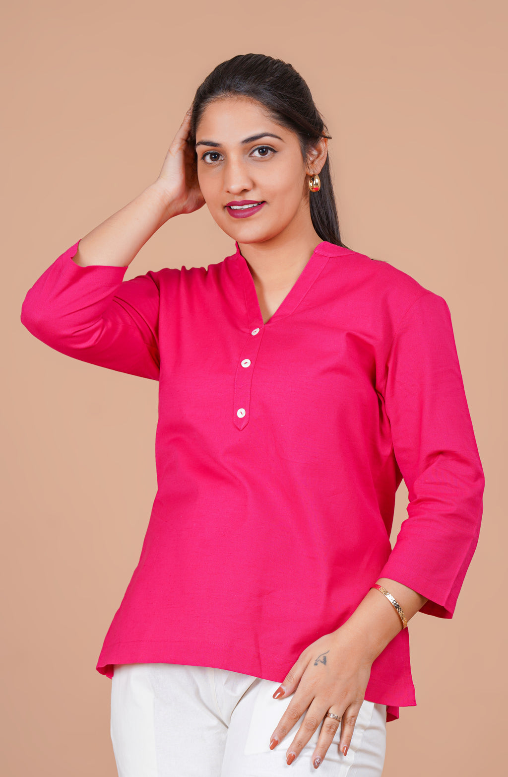 Hot Pink EasyFlow Linen CottonShort Kurti