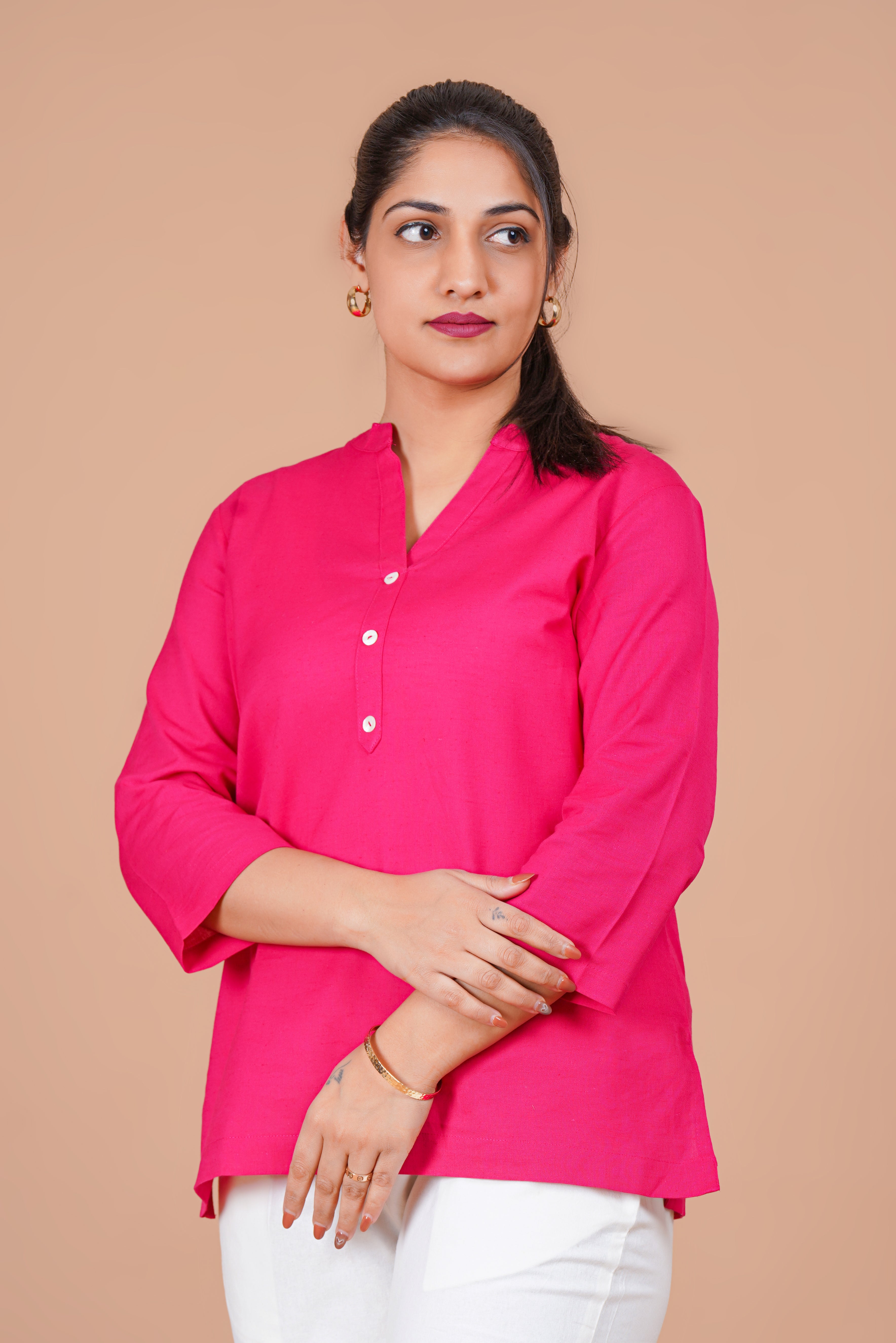 Hot Pink EasyFlow Linen CottonShort Kurti