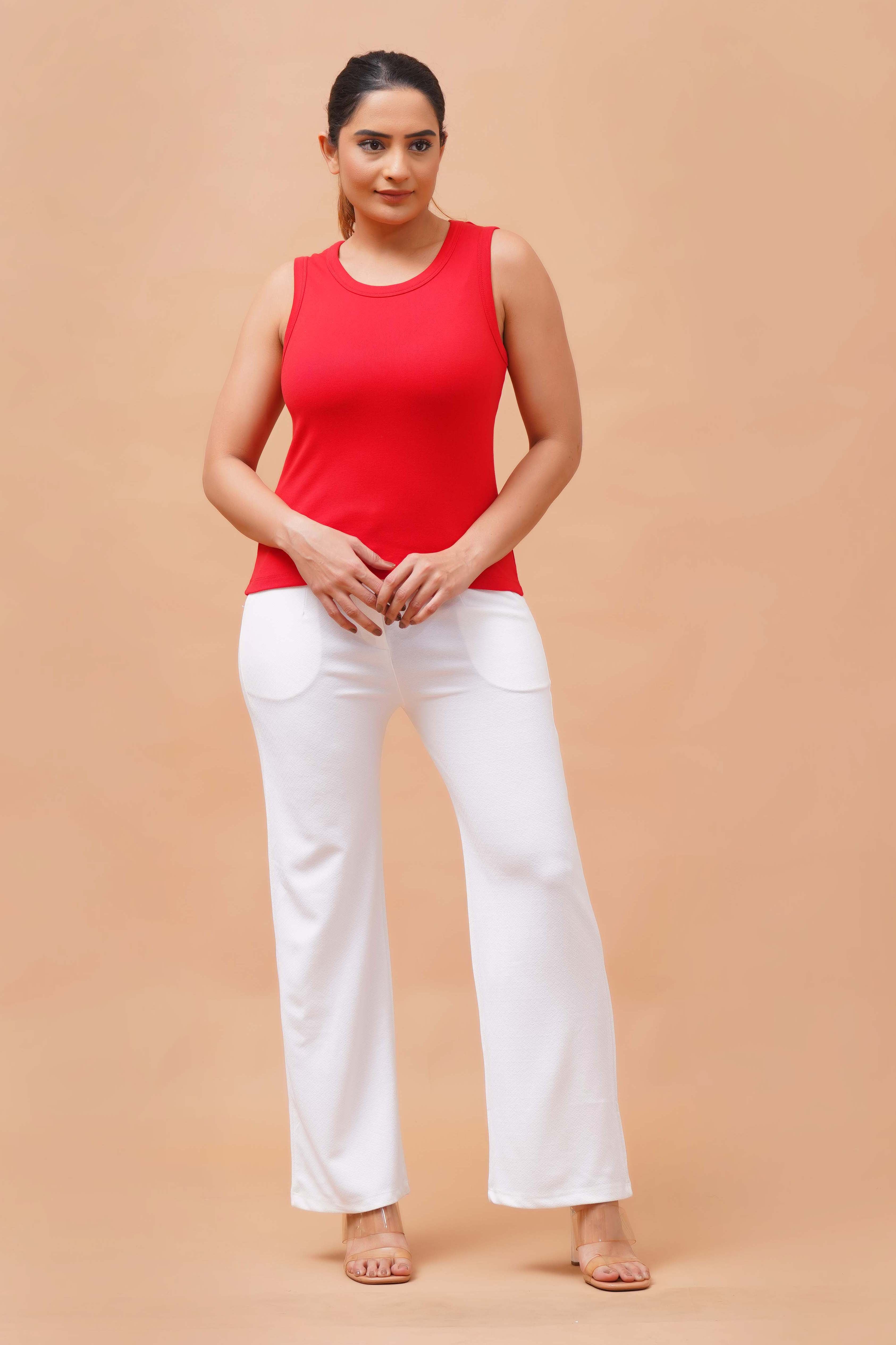 Harrozz Sleeveless Ribbed Top Red