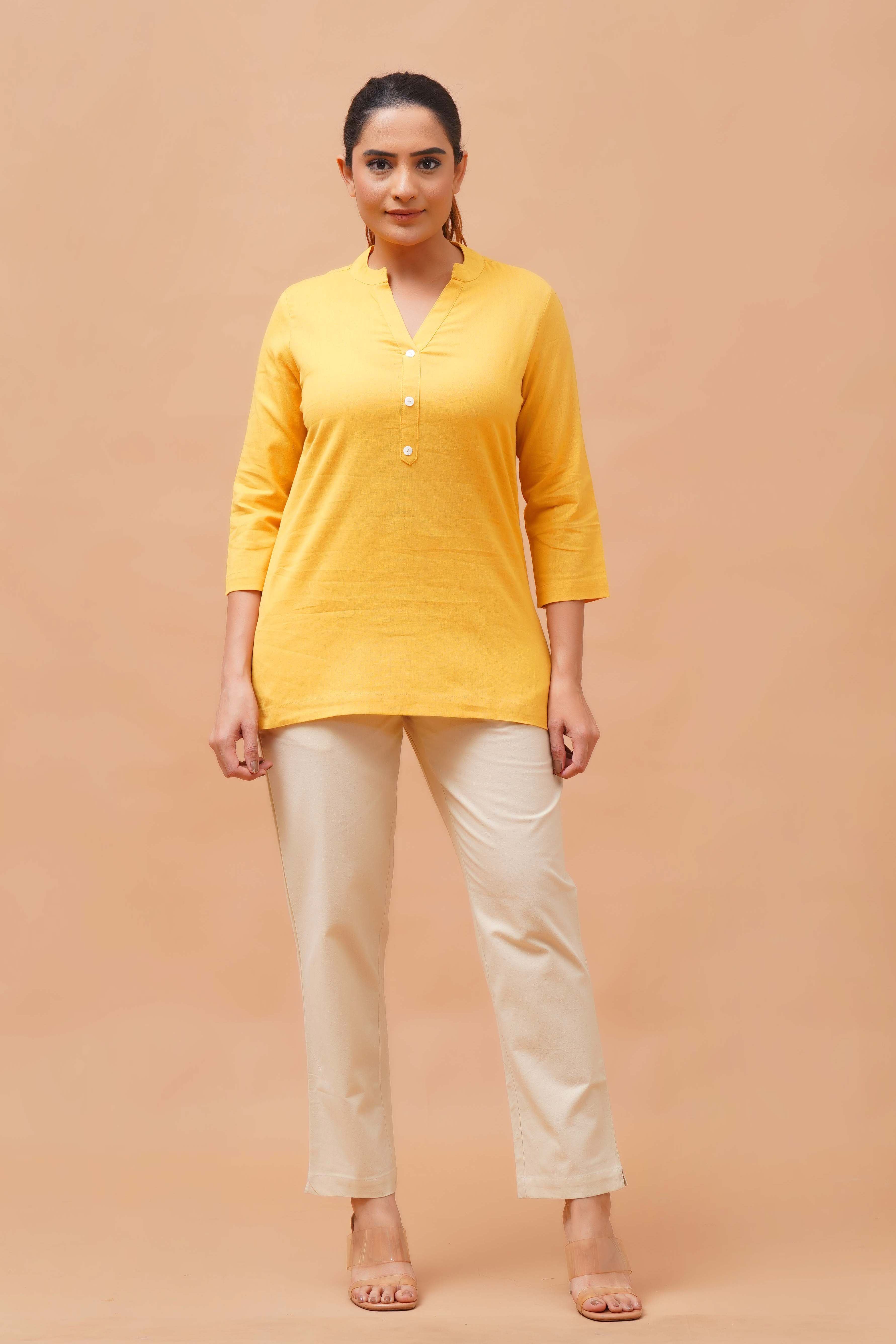 Harrozz Cotton Short Kurta Yellow