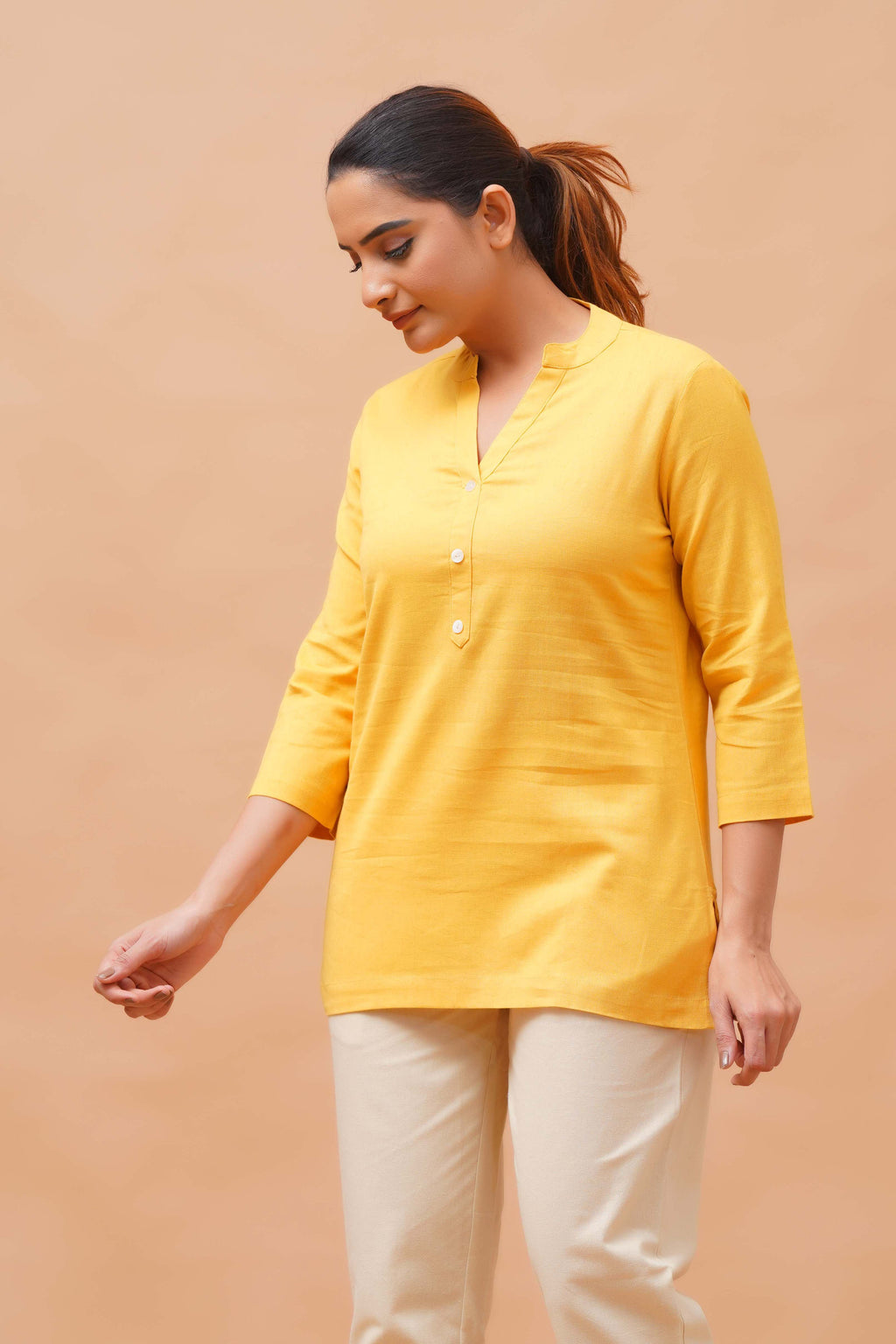 Harrozz Cotton Short Kurta Yellow