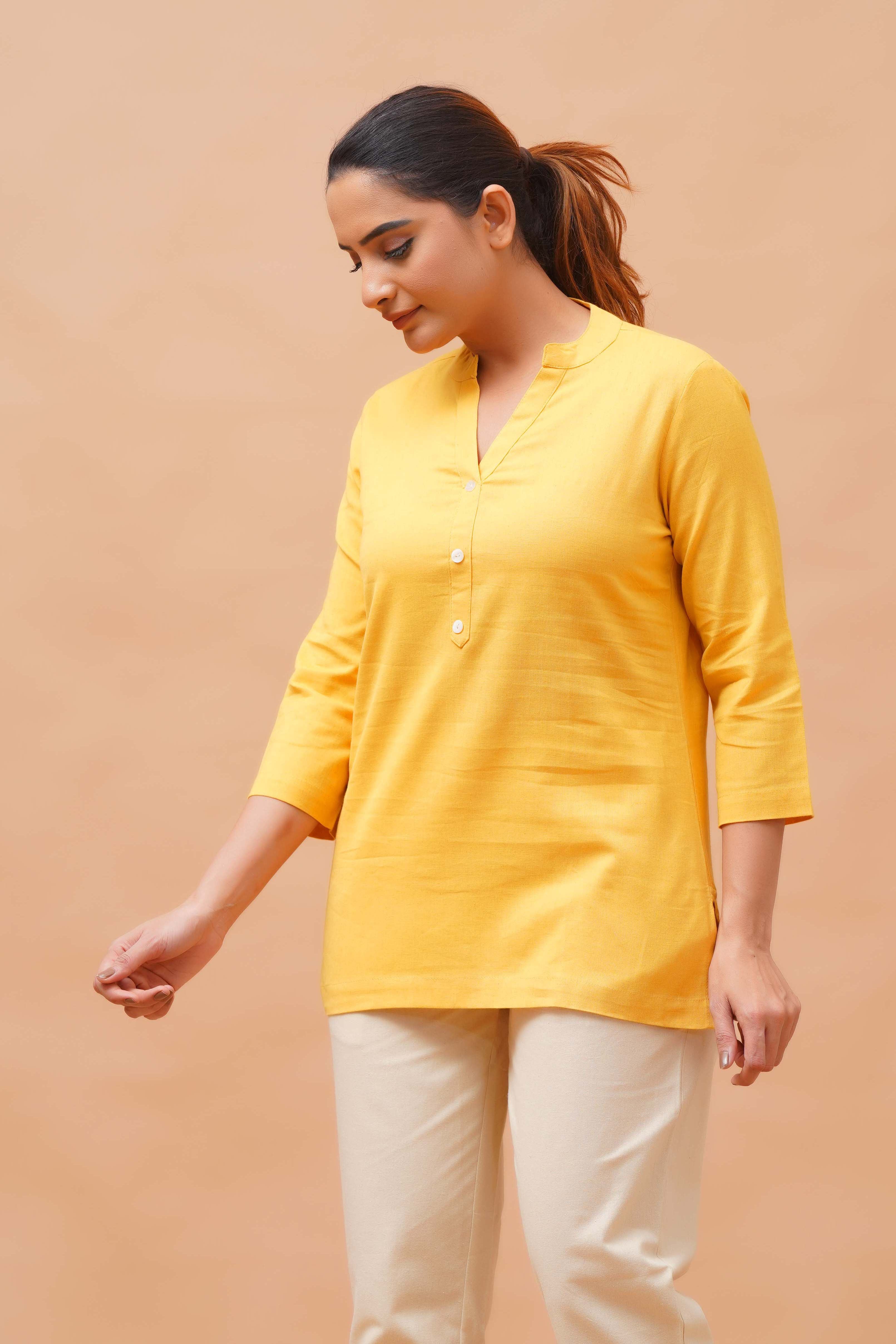 Harrozz Cotton Short Kurta Yellow