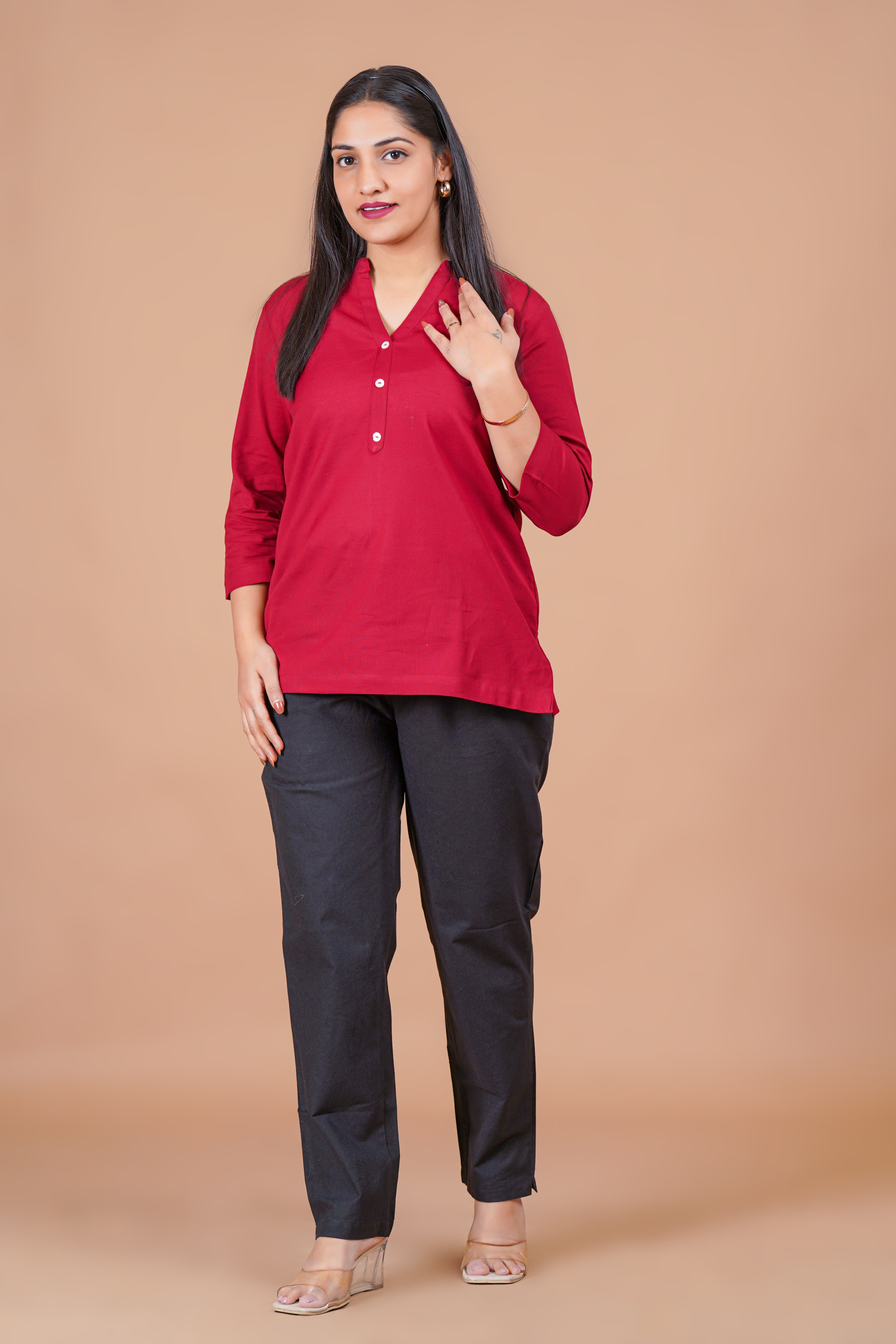 Maroon EasyFlow Linen Cotton Short Kurti