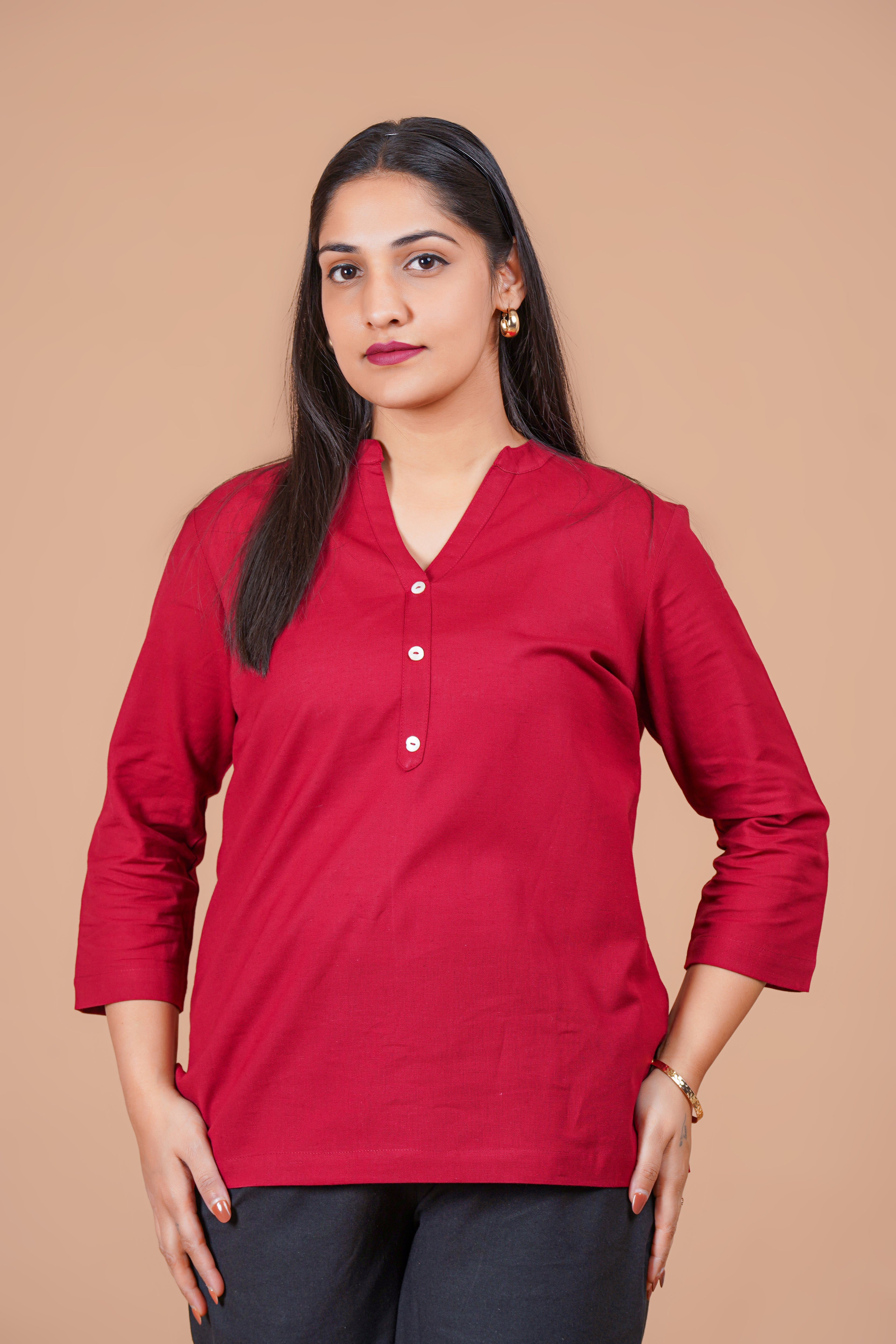 Maroon EasyFlow Linen Cotton Short Kurti