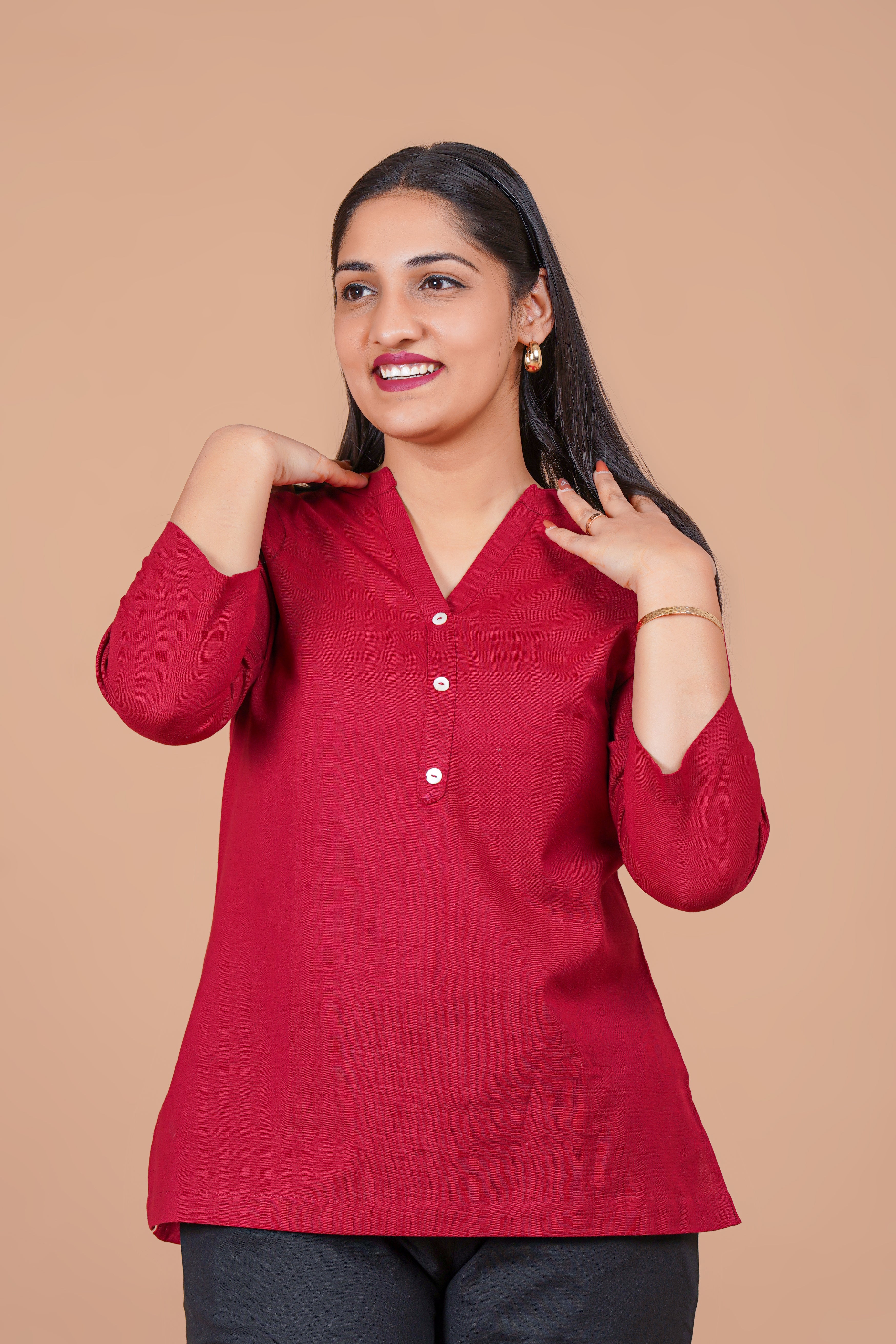 Maroon EasyFlow Linen Cotton Short Kurti