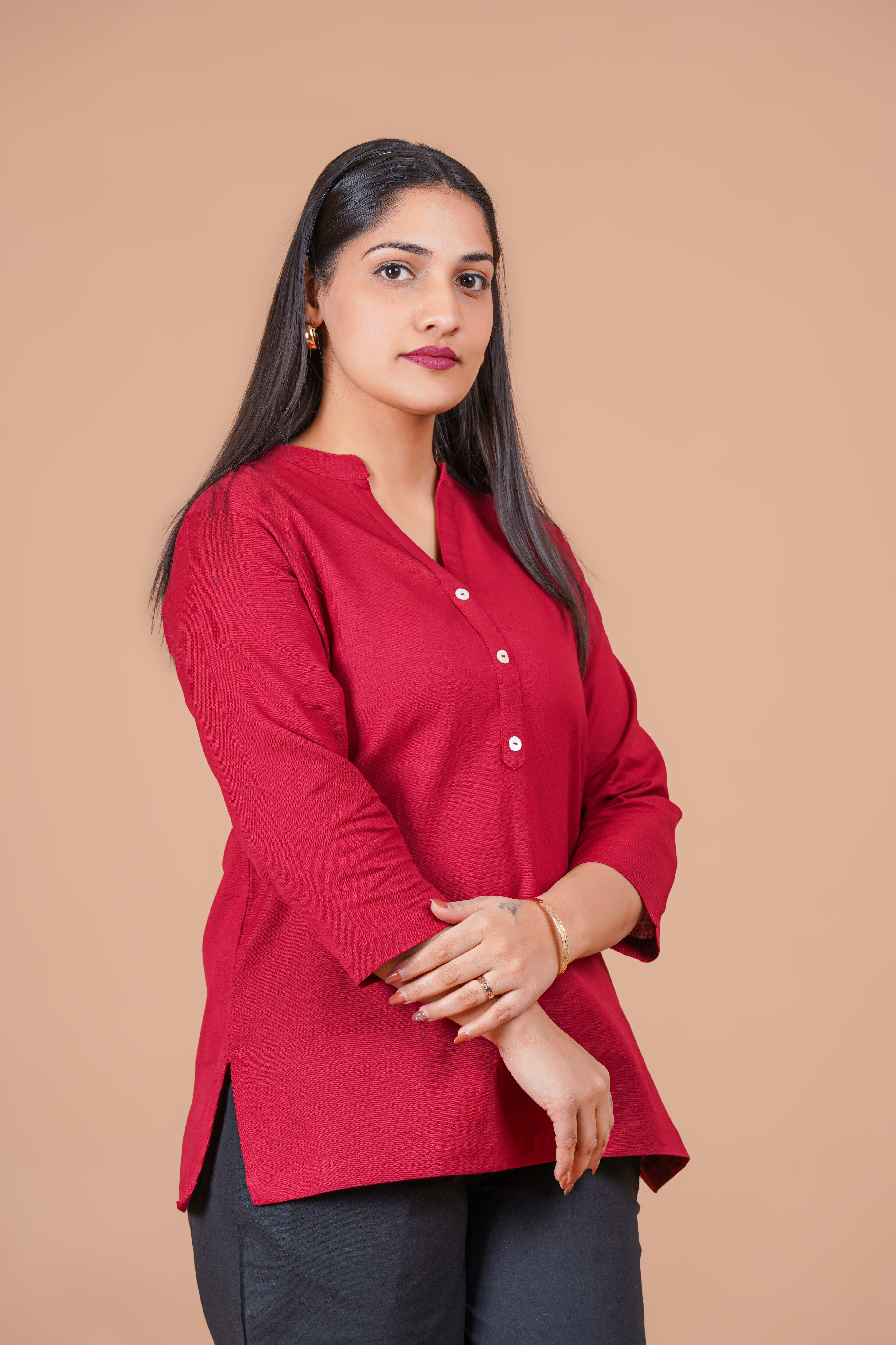 Maroon EasyFlow Linen Cotton Short Kurti