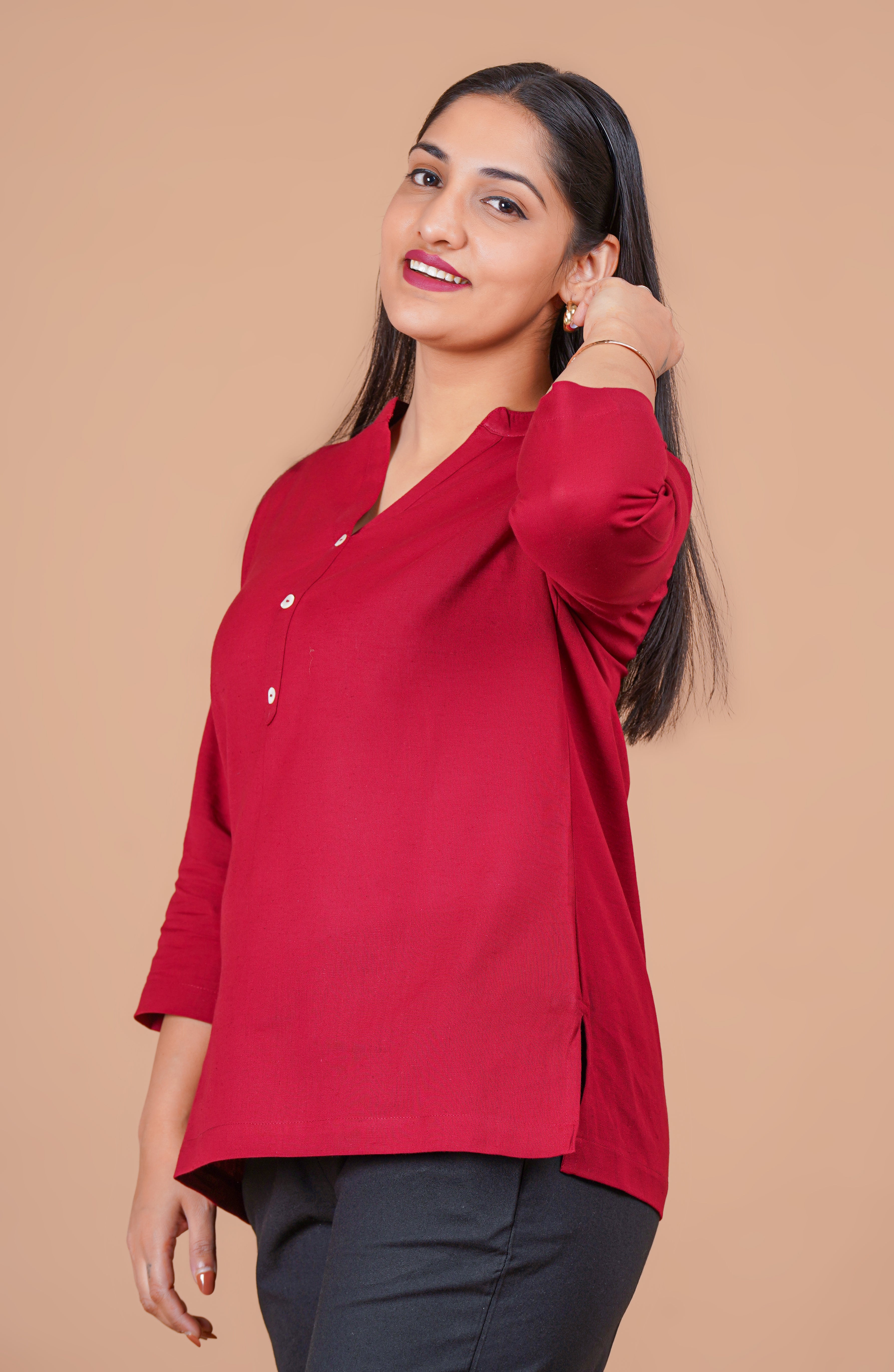 Maroon EasyFlow Linen Cotton Short Kurti