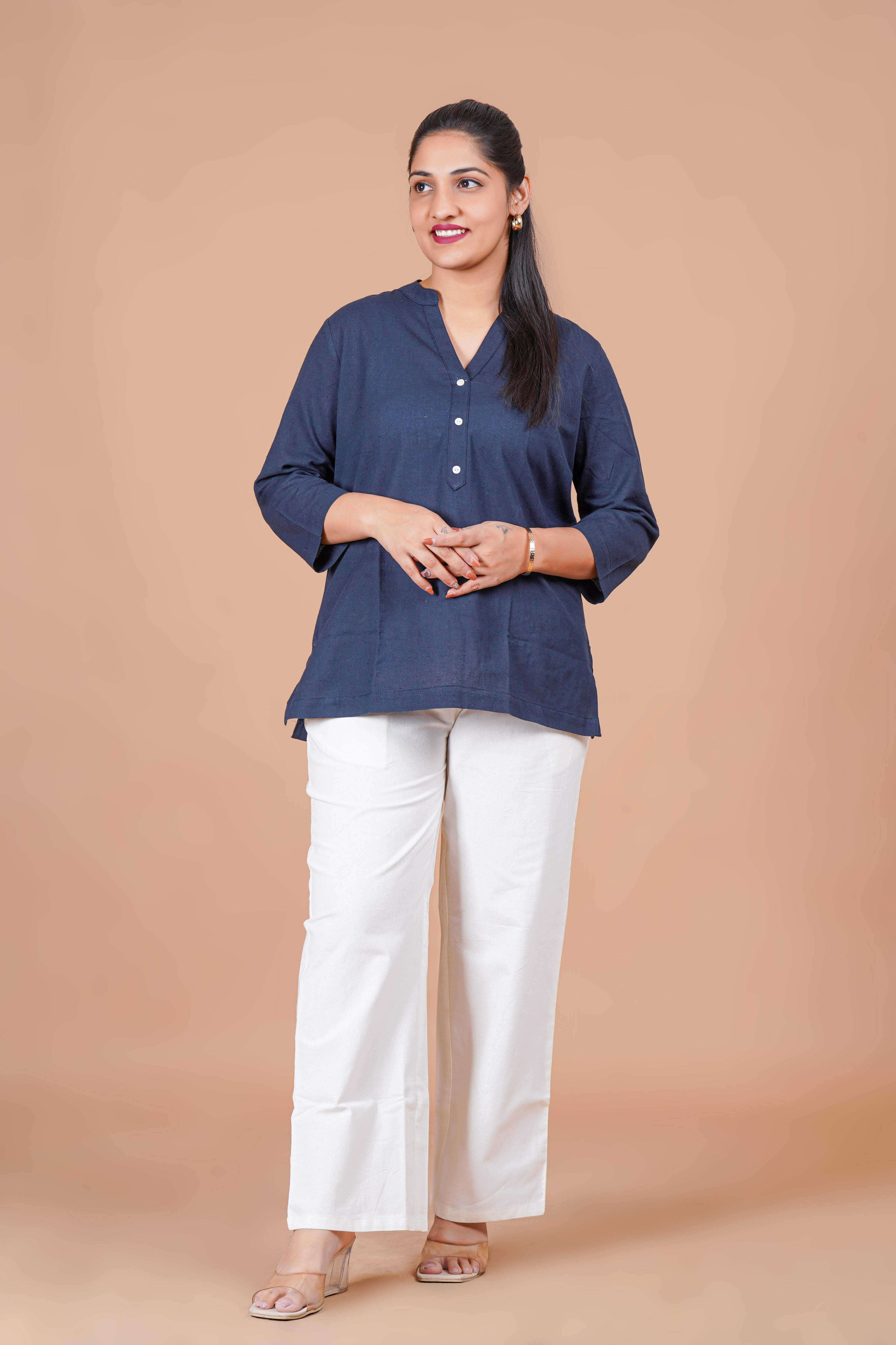Navy Blue EasyFlow Linen Cotton Short Kurti