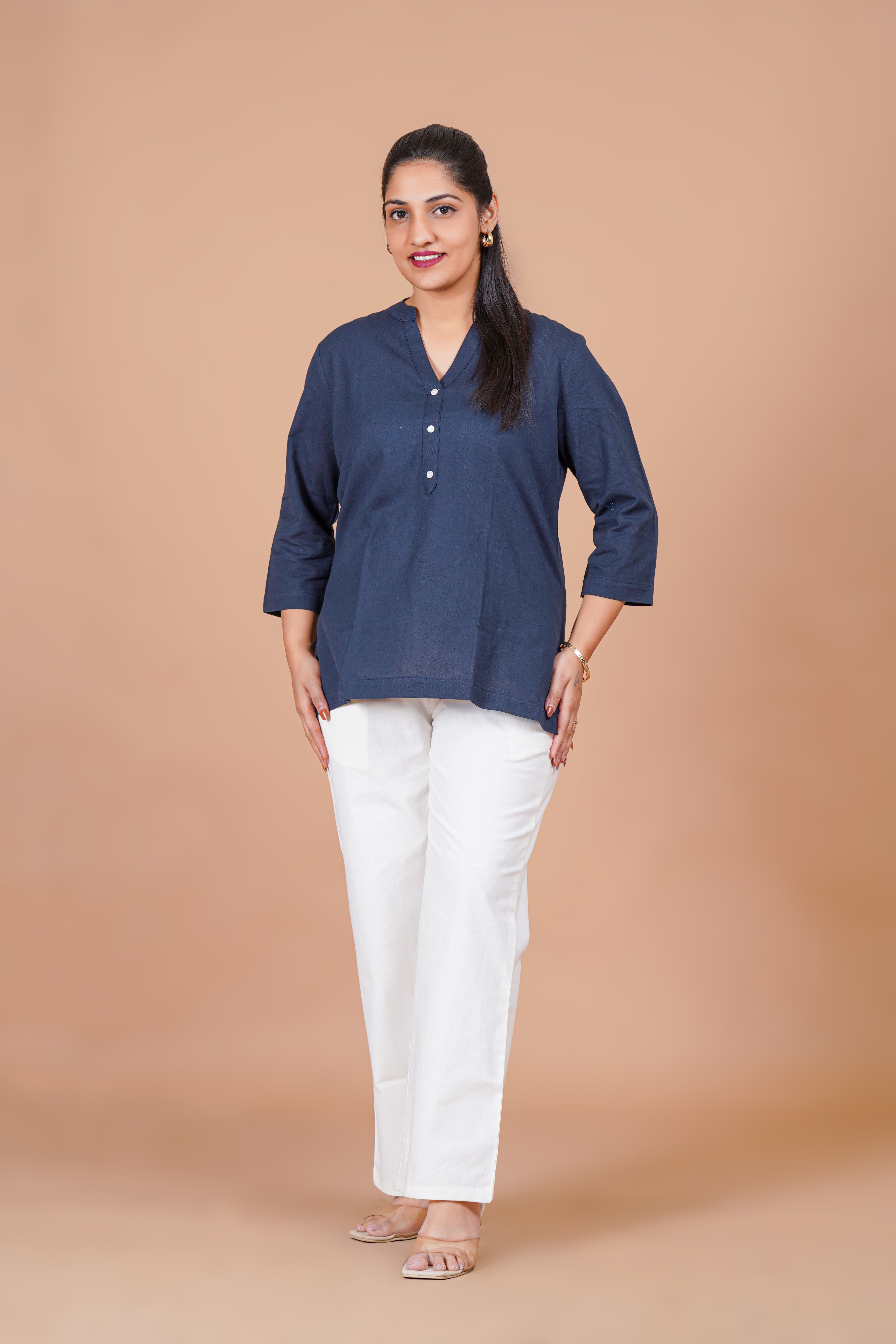 Navy Blue EasyFlow Linen Cotton Short Kurti